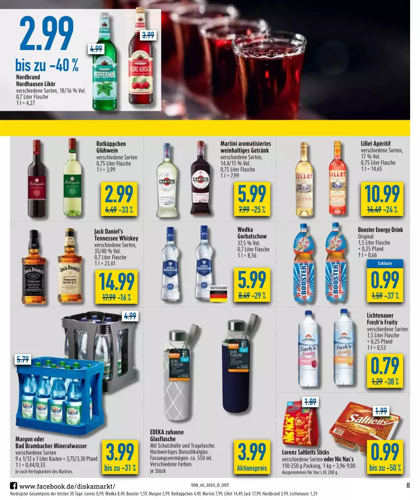 Aktueller Prospekt Diska - Prospekte - von 07.11 bis 12.11.2022 - strona 8 - produkty: aktionspreis, Alwa, aperitif, auer, Bad, deka, drink, eis, energy drink, flasche, getränk, gin, glasflasche, Glühwein, Gorbatschow, jack daniel, Jack Daniel’s, lichtenauer, likör, lillet, lorenz, martini, mineralwasser, nic nac's, nordbrand, reis, rotkäppchen, saltletts, schutzhülle, tennessee whiskey, Ti, wasser, wein, whiskey, wodka, ZTE