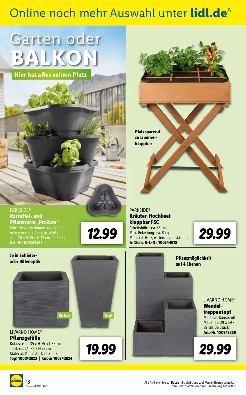 Aktueller Prospekt Lidl - Ab in den Garten - von 14.03 bis 01.05.2022 - strona 18 - produkty: erde, Garten, Holz, kartoffel, kräuter, ndk, Parkside, Ria, Schal, Schale, Ti, topf