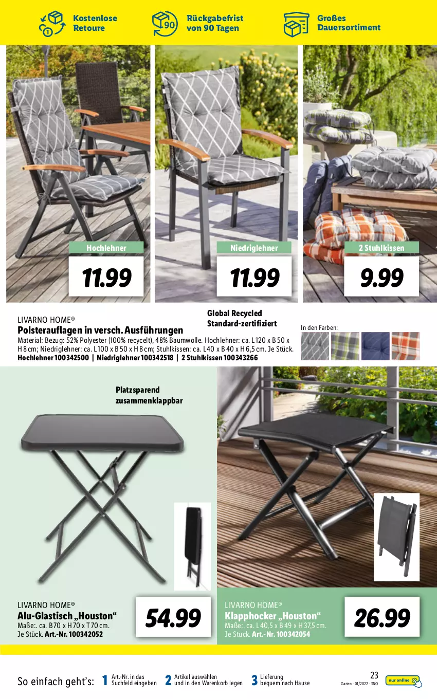 Aktueller Prospekt Lidl - Ab in den Garten - von 14.03 bis 01.05.2022 - strona 23 - produkty: asti, auer, Bau, baumwolle, Garten, hocker, kissen, korb, Ria, stuhl, stuhlkissen, Ti, tisch, wolle