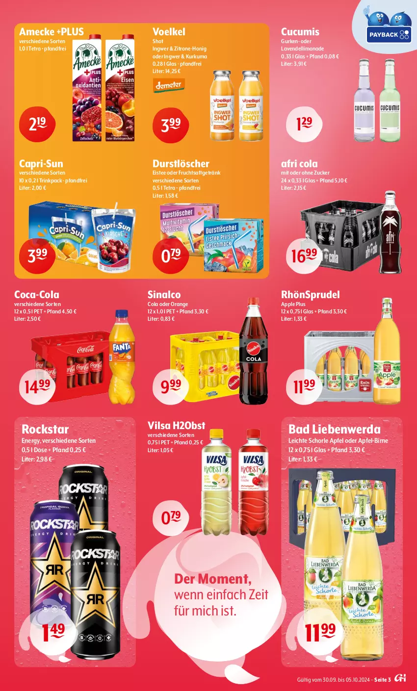 Aktueller Prospekt Getraenke Hoffmann - Prospekte - von 30.09 bis 05.10.2024 - strona 3 - produkty: Afri Cola, amecke, apfel, Apple, Bad, Bad Liebenwerda, Cap, capri-sun, coca-cola, cola, dell, durstlöscher, eis, eistee, frucht, fruchtsaft, fruchtsaftgetränk, getränk, gurke, gurken, honig, ingwer, lavendel, limo, limonade, obst, orange, RhönSprudel, Rockstar, saft, schorle, sinalco, Sprudel, tee, Ti, vilsa, zitrone, zucker