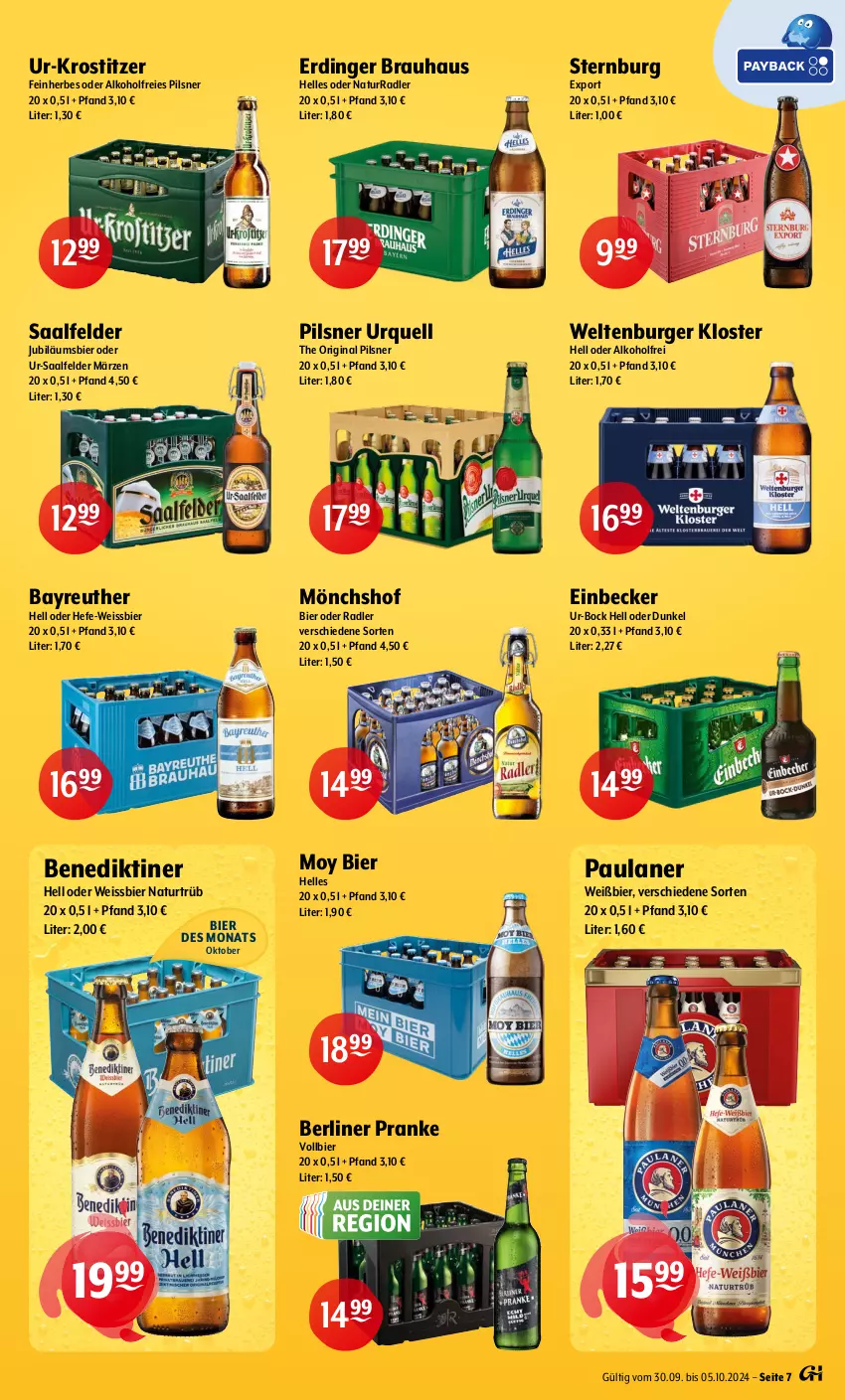 Aktueller Prospekt Getraenke Hoffmann - Prospekte - von 30.09 bis 05.10.2024 - strona 7 - produkty: alkohol, Benediktiner, berliner, bier, burger, eis, elle, erdinger, gin, Hefe, Jubiläums, mönchshof, Moy Bier, natur, oder radler, Paula, paulaner, pils, pilsner, pilsner urquell, radler, Saalfelder, Sternburg, Ti, weissbier