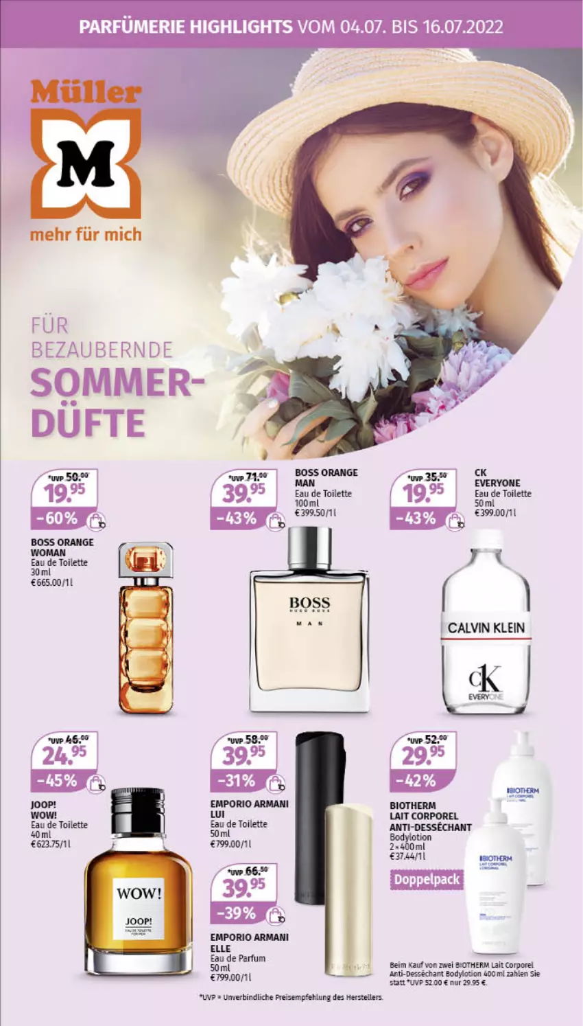 Aktueller Prospekt Mueller - Parfümerie Angebote - von 04.07 bis 16.07.2022 - strona 1 - produkty: bio, biotherm, body, bodylotion, boss, calvin klein, Eau de parfum, eau de parfum 50 ml, eau de toilette, eau de toilette 30 ml, eau de toilette 50 ml, eis, elle, Emporio Armani, Joop!, Lotion, orange, parfum, reis, rel, teller, Ti, Yo