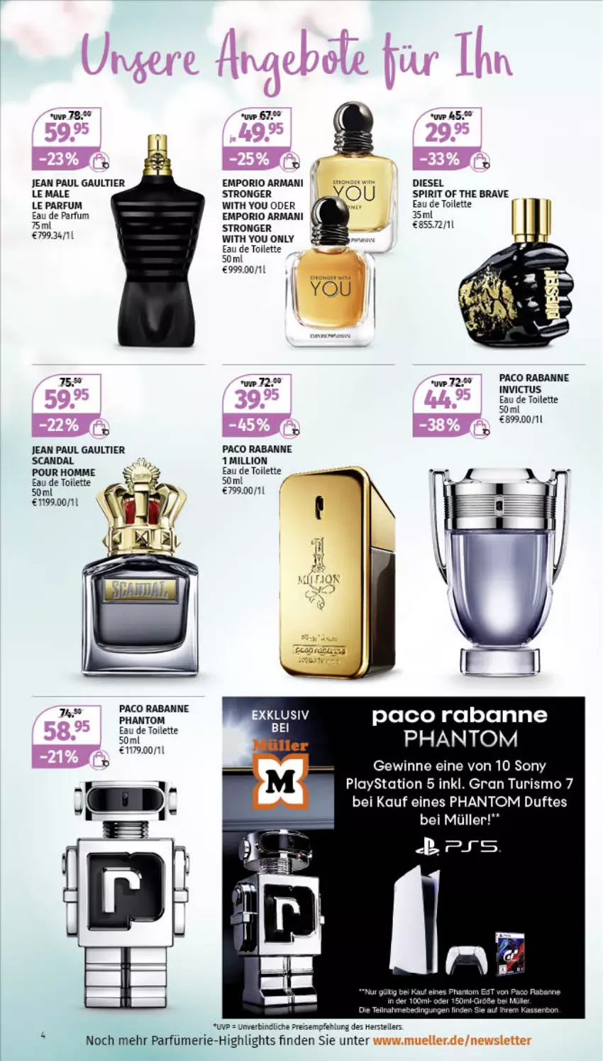 Aktueller Prospekt Mueller - Parfümerie Angebote - von 04.07 bis 16.07.2022 - strona 4 - produkty: Diesel, Eau de parfum, eau de toilette, eau de toilette 50 ml, eis, elle, Emporio Armani, Jean Paul Gaultier, lays, lion, parfum, PlayStation, PlayStation 5, reis, sony, teller, Ti, Yo