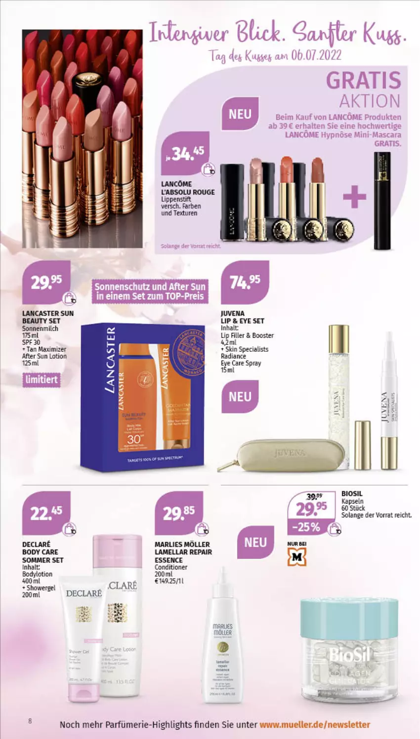 Aktueller Prospekt Mueller - Parfümerie Angebote - von 04.07 bis 16.07.2022 - strona 8 - produkty: after sun, bio, body, eis, elle, lancaster, Lippenstift, Lotion, Mascara, milch, reis, rouge, sonnenmilch, sonnenschutz, Sun Lotion, Ti, top-preis