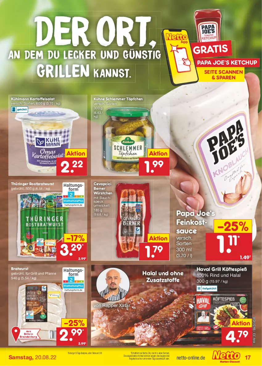 Aktueller Prospekt Netto Marken-Discount - Filial-Angebote - von 15.08 bis 20.08.2022 - strona 17 - produkty: angebot, Bau, bestpreis, bratwurst, cevapcici, eis, feinkost, für grill und pfanne, grill, grill und pfanne, kartoffel, kartoffelsalat, ketchup, kühlmann, Kühne, pfanne, reis, rind, ring, rostbratwurst, salat, sauce, Speck, thüringer rostbratwurst, Ti, Töpfchen, und pfanne, WICK, wurst, würstchen, ZTE