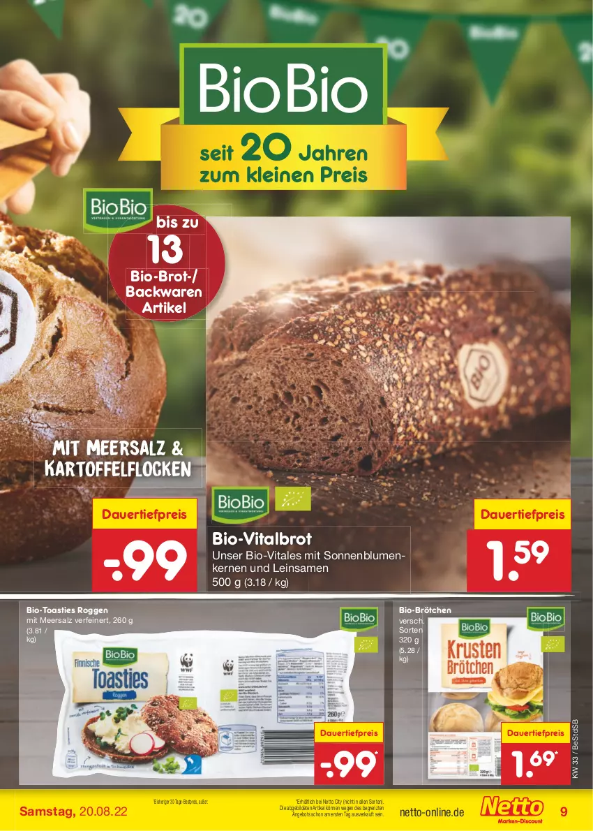 Aktueller Prospekt Netto Marken-Discount - Filial-Angebote - von 15.08 bis 20.08.2022 - strona 9 - produkty: angebot, asti, auer, backwaren, bestpreis, bio, blume, blumen, brot, brötchen, dauertiefpreis, eis, kartoffel, meersalz, reis, salz, sonnenblume, sonnenblumen, Sonnenblumenkerne, sonnenblumenkernen, Ti, tiefpreis, toast, vita, ZTE