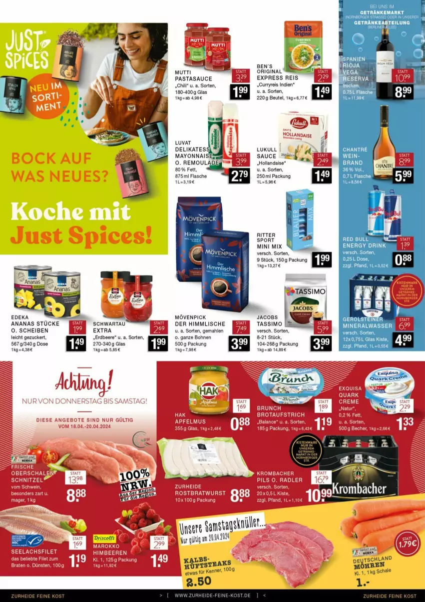 Aktueller Prospekt Edeka - Prospekte - von 13.04 bis 20.04.2024 - strona 8 - produkty: ananas, beere, beutel, bohne, bohnen, chili, curry, eis, erdbeere, flasche, gerolsteine, gerolsteiner, gin, hollandaise, jacobs, lukull, mayonnaise, mövenpick, pasta, red bull, reis, ritter, sauce, Schal, Schale, Schwartau, sim, Sport, steiner, tassimo, Yo, zucker