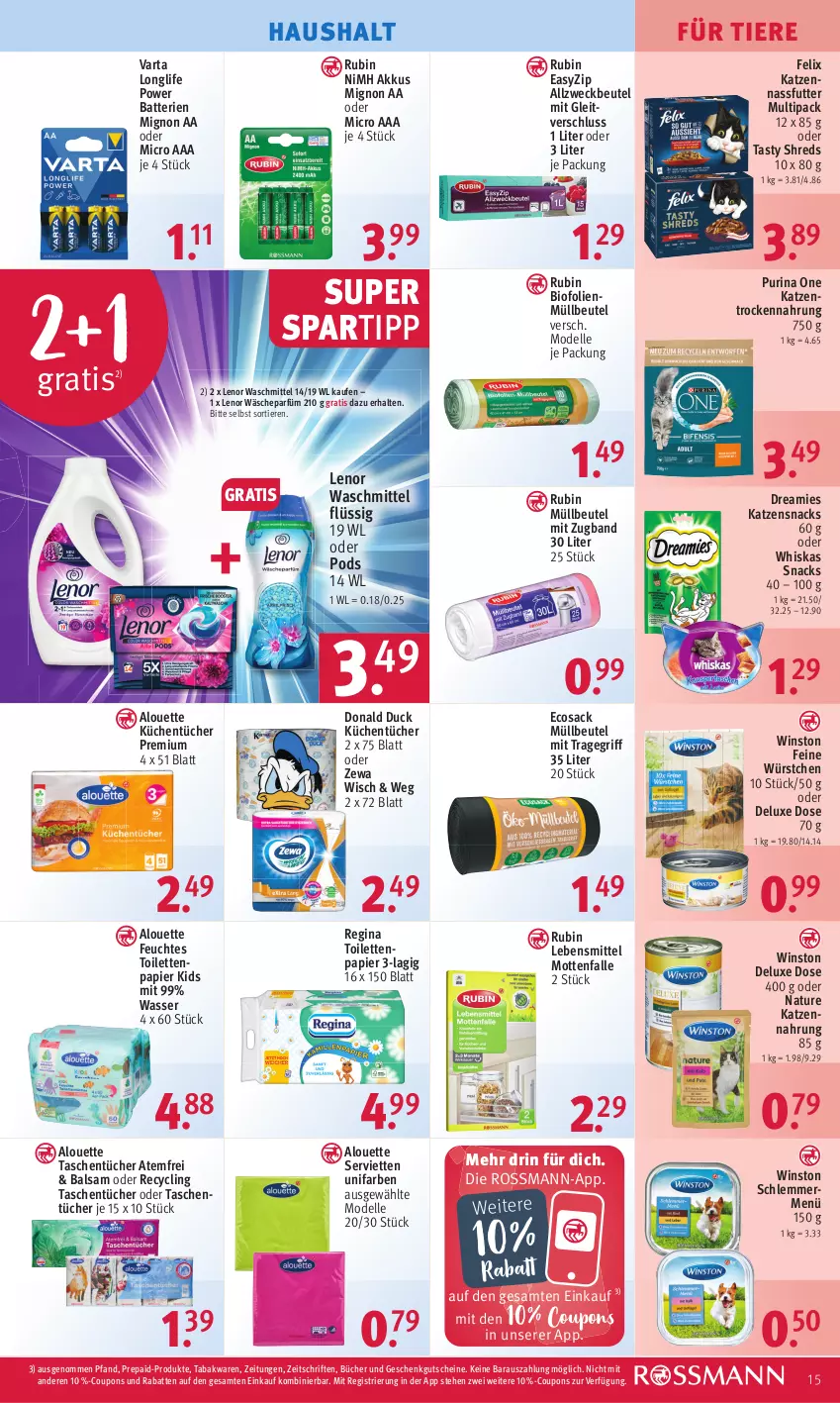 Aktueller Prospekt Rossmann - Prospekte - von 27.03 bis 31.03.2023 - strona 15 - produkty: akku, Allzweckbeutel, alouette, balsam, batterie, batterien, beutel, bio, Clin, coupon, coupons, dell, dreamies, Duck, elle, felix, feuchtes toilettenpapier, gin, gutschein, gutscheine, katzennahrung, katzensnack, katzensnacks, küche, Küchen, küchentücher, lebensmittel, lenor, lenor waschmittel, longlife, Mode, Mottenfalle, müllbeutel, nassfutter, natur, papier, Pods, purina, Rubin, sac, Serviette, servietten, snack, snacks, spartipp, Tasche, taschen, taschentücher, Ti, Tiere, toilettenpapier, tragegriff, Trockennahrung, tücher, varta, wäscheparfüm, waschmittel, wasser, weck, whiskas, würstchen, zewa