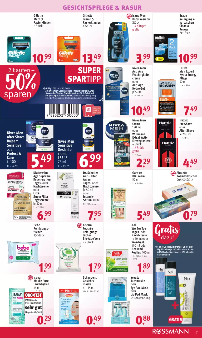 Aktueller Prospekt Rossmann - Prospekte - von 27.03 bis 31.03.2023 - strona 7 - produkty: after shave, aloe vera, alouette, alterra, balsam, Bebe, bio, body, braun, coupon, creme, Diadermine, Dr. Scheller, einwegrasierer, elle, feuchtigkeitscreme, garnier, Gesichtscreme, Gesichtsmaske, gesichtspflege, gillette, isana, kosmetik, Kosmetiktücher, mac, magazin, Maske, nachtcreme, nivea, Nivea Men, Peeling, rasierer, Rasierklinge, rasierklingen, Reinigung, reinigungstücher, rum, sana, Schaebens, Serum, spartipp, tagescreme, tee, Ti, Tiere, tuc, tücher, tuchmaske, waschgel, wilkinson