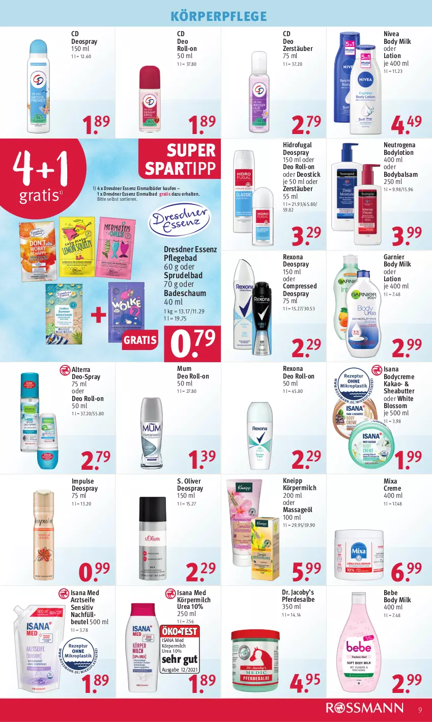 Aktueller Prospekt Rossmann - Prospekte - von 27.03 bis 31.03.2023 - strona 9 - produkty: alterra, Arztseife, Bad, balsam, Bebe, beutel, body, body milk, bodylotion, butter, creme, deo, deo roll-on, deospray, deospray 150 ml, Deostick, erde, garnier, isana, kakao, kneipp, körperpflege, Lotion, milch, Mixa, neutrogena, nivea, oder deo roll-on, olive, rexona, roll-on, S. Oliver, sana, Seife, Sheabutter, spartipp, Sprudel, Sprudelbad, Ti, Tiere