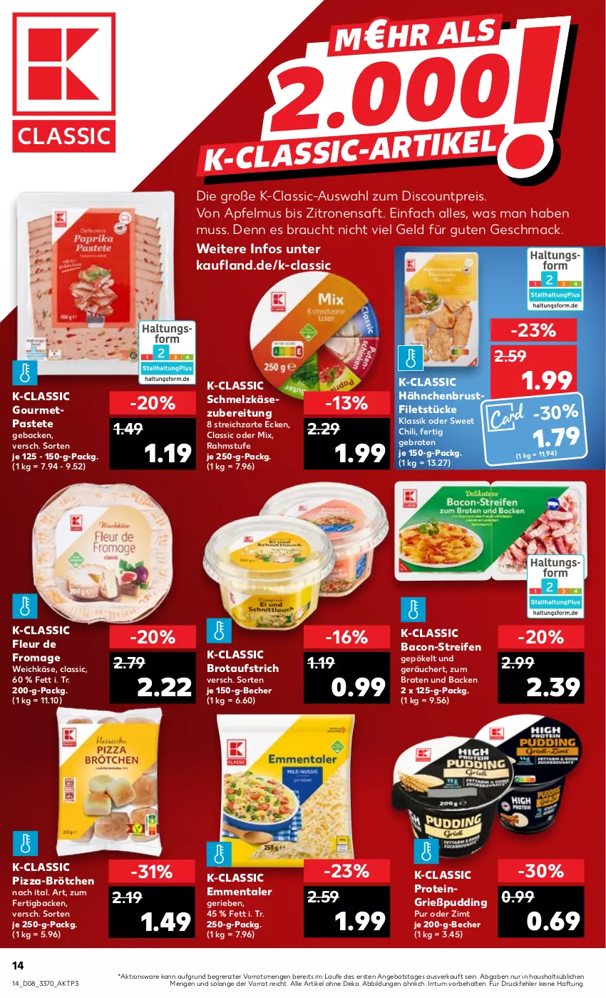 Aktueller Prospekt Kaufland - von 23.02 bis 01.03.2023 - strona 14 - produkty: angebot, apfel, apfelmus, aufstrich, bacon, Becher, braten, brot, brotaufstrich, brötchen, brustfilet, chili, discount, eis, emmentaler, filet, filets, geback, Grießpudding, hähnchenbrust, hähnchenbrustfilet, Käse, mac, pastete, pizza, pudding, Rauch, reifen, reis, saft, Schmelzkäse, schmelzkäsezubereitung, Streichzart, Ti, weichkäse, zitrone, zitronen, zitronensaft, ZTE