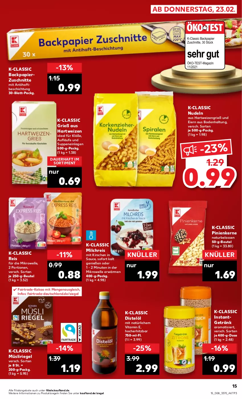 Aktueller Prospekt Kaufland - von 23.02 bis 01.03.2023 - strona 15 - produkty: angebot, angebote, auer, beutel, eier, eis, elle, getränk, hartweizen, kakao, kirsch, kirsche, kirschen, mikrowelle, milch, milchreis, müsli, Müsliriegel, natur, nudel, nudeln, papier, pinienkerne, reis, riegel, sauce, suppe, suppen, Ti, vita