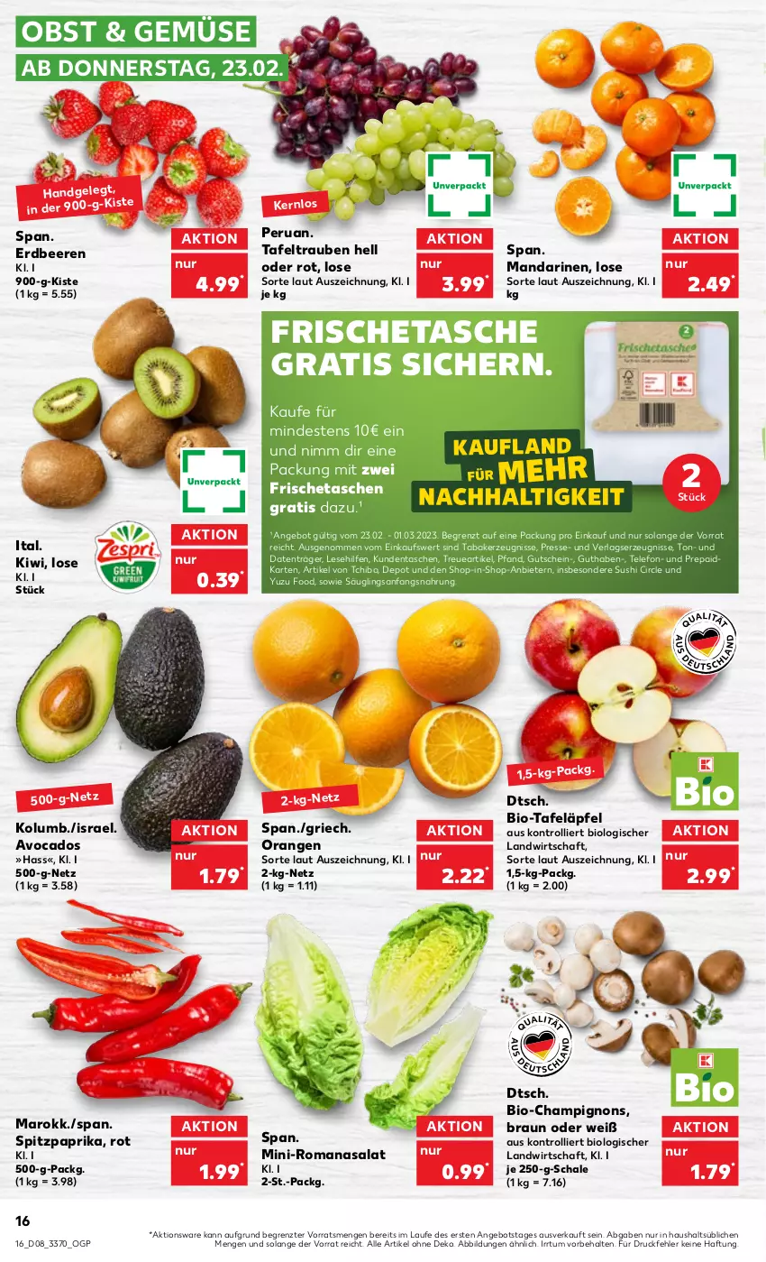 Aktueller Prospekt Kaufland - von 23.02 bis 01.03.2023 - strona 16 - produkty: angebot, avocado, avocados, beere, beeren, bio, braun, champignon, champignons, erdbeere, erdbeeren, gutschein, kerze, kiwi, mandarine, mandarinen, obst, orange, orangen, paprika, Romanasalat, salat, Schal, Schale, Spitzpaprika, Sushi, tafeläpfel, tafeltrauben, Tasche, taschen, Tchibo, telefon, Ti, trauben, trolli, ZTE