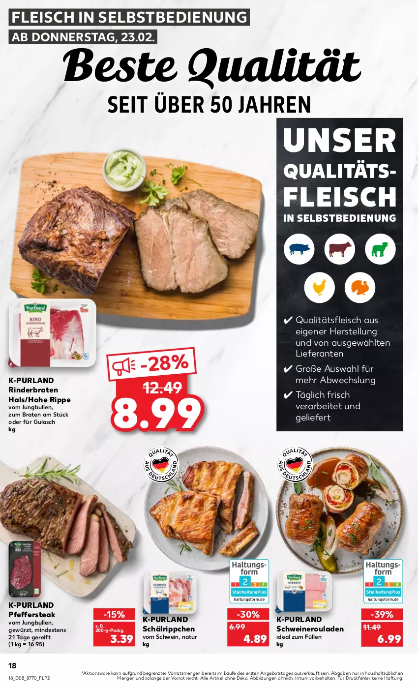 Aktueller Prospekt Kaufland - von 23.02 bis 01.03.2023 - strona 18 - produkty: angebot, braten, eis, fleisch, fleisch in selbstbedienung, gewürz, gulasch, jungbullen, natur, nero, pfeffer, purland, rind, rinder, rinderbraten, rouladen, schwein, schweine, Schweineroulade, steak, Ti, wein, weine, ZTE