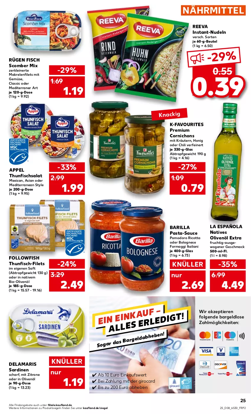 Aktueller Prospekt Kaufland - von 23.02 bis 01.03.2023 - strona 25 - produkty: angebot, angebote, barilla, beutel, bio, Bio-Olivenöl, bolognese, chili, filet, filets, fisch, followfish, frucht, honig, in olivenöl, Instant-Nudeln, kräuter, kräutern, leine, LG, mac, maggi, Makrele, Makrelenfilets, mit gemüse, natives olivenöl, nudel, nudeln, olive, oliven, olivenöl, olivenöl extra, pasta, pasta-sauce, rel, ricotta, saft, salat, Sardinen, sauce, thunfisch, Thunfischsalat, Ti, Tiere, zitrone