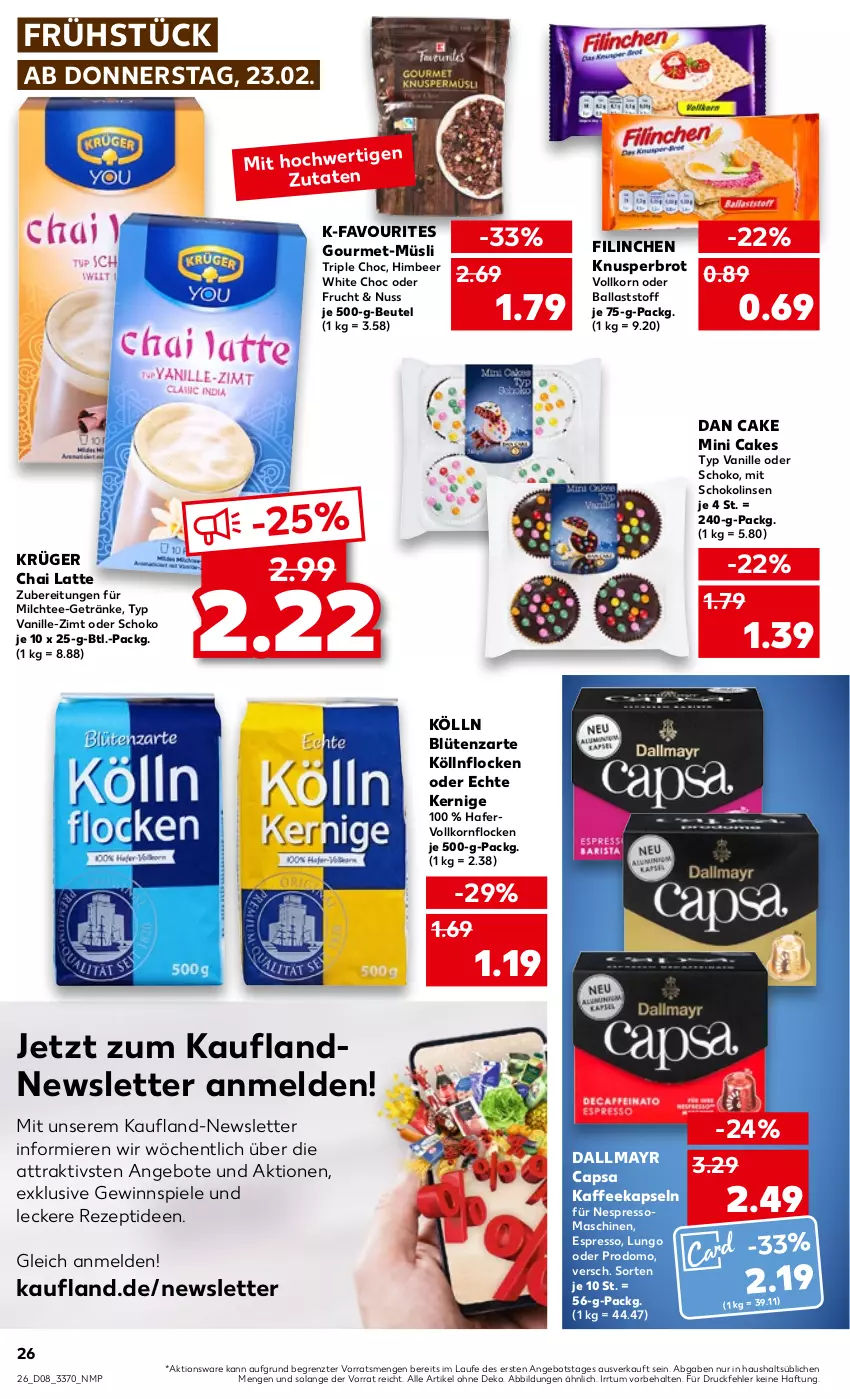 Aktueller Prospekt Kaufland - von 23.02 bis 01.03.2023 - strona 26 - produkty: angebot, angebote, ball, beutel, Blüte, brot, Cap, dallmayr, dallmayr capsa, espresso, frucht, getränk, getränke, gewinnspiel, hafer, himbeer, kaffee, kaffeekapseln, kölln, korn, krüger, latte, linsen, lungo, milch, müsli, nespresso, nuss, prodomo, rezept, schoko, Schokolinsen, Spiele, tee, Ti, vanille, ZTE