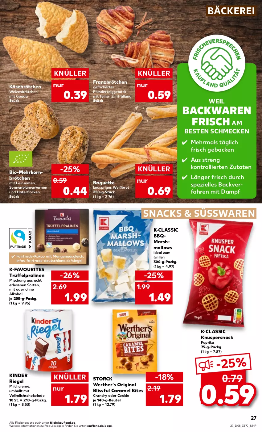 Aktueller Prospekt Kaufland - von 23.02 bis 01.03.2023 - strona 27 - produkty: alkohol, angebot, angebote, backwaren, baguette, beutel, bio, bites, blume, blumen, brot, brötchen, caramel, cookie, creme, elle, geback, gin, gouda, grill, hafer, haferflocken, ideal zum grillen, kakao, Käse, Kinder, kinder riegel, korn, mars, mehrkornbrötchen, milch, mit gouda, ohne alkohol, paprika, Plunder, pralinen, riegel, schoko, schokolade, snack, snacks, sonnenblume, sonnenblumen, Sonnenblumenkerne, sonnenblumenkernen, Spezi, storck, süsswaren, Ti, trolli, Trüffel, vollmilch, weizenbrötchen, werther's