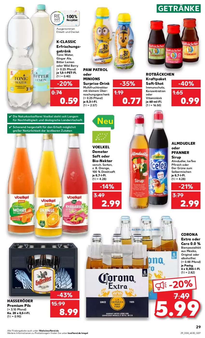 Aktueller Prospekt Kaufland - von 23.02 bis 01.03.2023 - strona 29 - produkty: alkohol, almdudler, angebot, angebote, bier, bio, bitter lemon, corona, corona extra, decke, Deckel, direktsaft, drink, frucht, getränk, getränke, gin, ginger, ginger ale, hasseröder, kraft, leine, natur, Nektar, orange, Paw Patrol, pfanne, Pfanner, pfirsich, pils, premium pils, saft, sirup, Spezi, Ti, tonic, tonic water, vita, Wild, wild berry