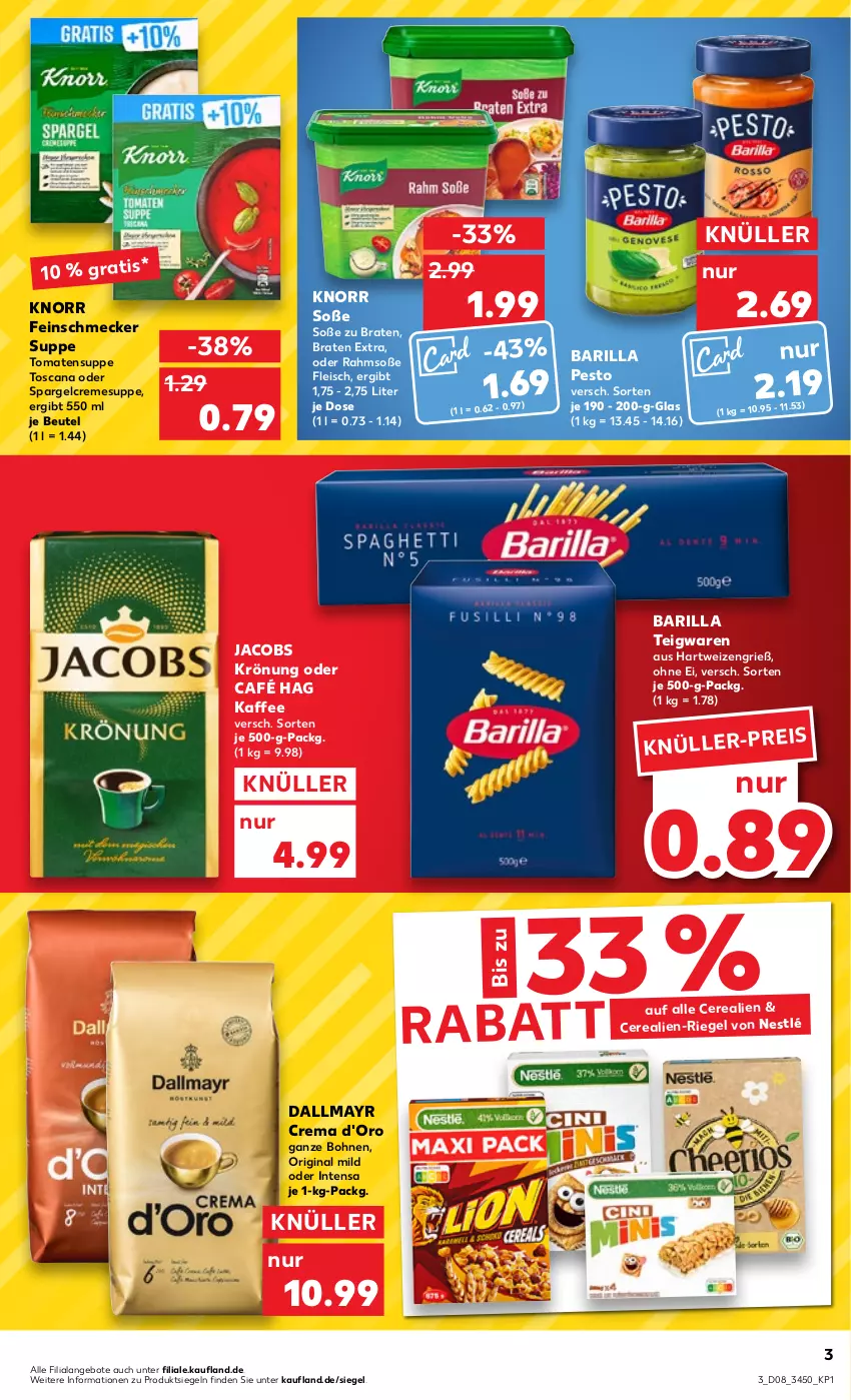 Aktueller Prospekt Kaufland - von 23.02 bis 01.03.2023 - strona 3 - produkty: angebot, angebote, barilla, beutel, bohne, bohnen, braten, cerealien, creme, cremesuppe, d'oro, dallmayr, eis, feinschmecker, fleisch, gin, hartweizen, jacobs, jacobs krönung, kaffee, knorr, nestlé, pesto, riegel, Soße, spargel, suppe, teigwaren, Ti, tomate, tomaten, Tomatensuppe