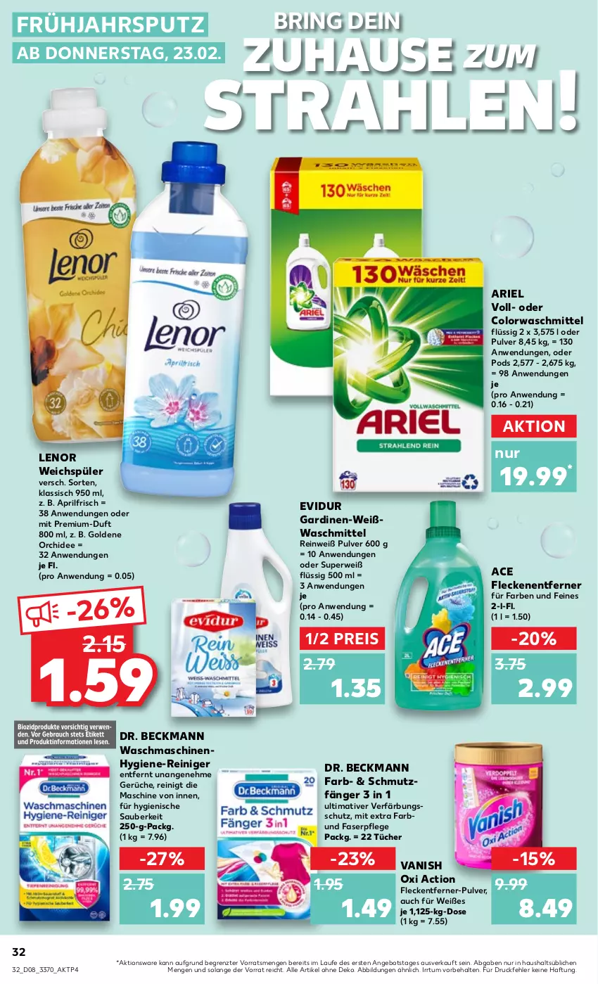 Aktueller Prospekt Kaufland - von 23.02 bis 01.03.2023 - strona 32 - produkty: angebot, ariel, colorwaschmittel, Dr. Beckmann, eis, Fleckenentferner, fleckentferner, Gardinen, hygiene-reiniger, lenor, lenor weichspüler, orchidee, oxi action, Pods, pril, reiniger, reis, ring, rwe, Ti, tücher, vanish, vanish oxi action, verfärbungsschutz, waschmaschine, waschmaschinen, waschmittel, weichspüler, ZTE