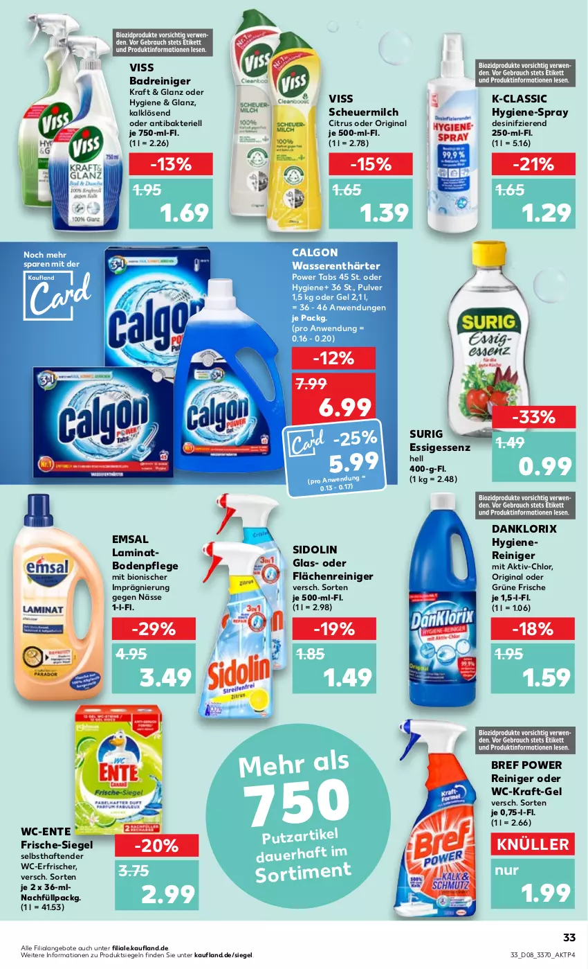 Aktueller Prospekt Kaufland - von 23.02 bis 01.03.2023 - strona 33 - produkty: angebot, angebote, auer, Bad, bio, Bref, bref power, calgon, citrus, danklorix, emsa, ente, essig, gin, Heu, kraft, laminat, laminatboden, LG, milch, reiniger, scheuermilch, sidolin, tender, Ti, wasser, wasserenthärter