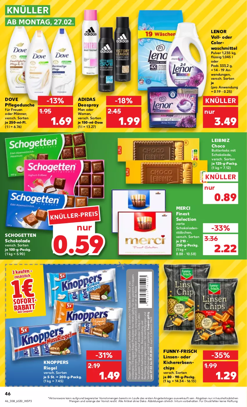 Aktueller Prospekt Kaufland - von 23.02 bis 01.03.2023 - strona 46 - produkty: Adidas, angebot, butter, butterkeks, chips, colorwaschmittel, coupon, coupons, deo, deospray, dove, dusche, eis, erbsen, funny-frisch, keks, kichererbsen, knoppers, leibniz, lenor, linsen, merci, pflegedusche, Pods, riegel, schogetten, schoko, schokolade, schokoladen, Ti, waschmittel, ZTE