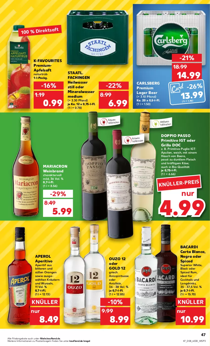 Aktueller Prospekt Kaufland - von 23.02 bis 01.03.2023 - strona 47 - produkty: Alwa, angebot, angebote, aperitif, aperol, apfel, apfelsaft, bacardi, beere, bio, carlsberg, cocktail, cocktails, doppio passo, drink, drinks, eis, fleisch, grill, grillo, Käse, kräuter, kräutern, lack, likör, mariacron, mineralwasser, Mineralwasser Medium, natur, orange, orangen, ouzo, ouzo 12, passo, primitivo, Ria, rotwein, rum, saft, Staatl. Fachingen, Ti, wasser, wein, weinbrand, Weißwein