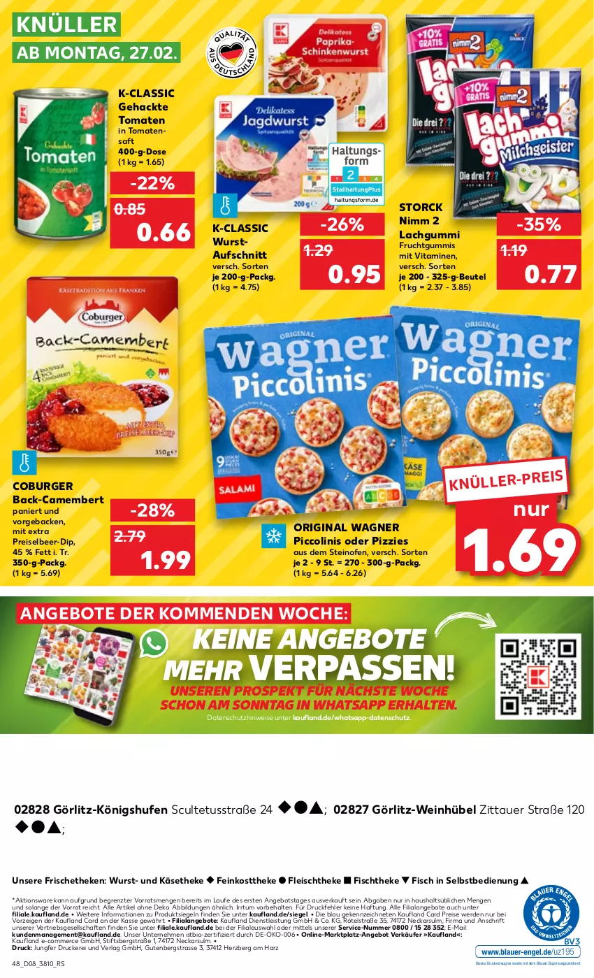 Aktueller Prospekt Kaufland - von 23.02 bis 01.03.2023 - strona 48 - produkty: angebot, angebote, auer, aufschnitt, beutel, bio, burger, camembert, dip, drucker, eis, Engel, erde, feinkost, feinkosttheke, fisch, fischtheke, fleisch, frucht, fruchtgummi, fruchtgummis, geback, gin, Käse, käsetheke, kerze, lachgummi, Nimm 2, Ofen, original wagner, piccolinis, reis, saft, steinofen, storck, Ti, tomate, tomaten, Tomatensaft, vita, Vitamine, wagner, wein, wurst, ZTE