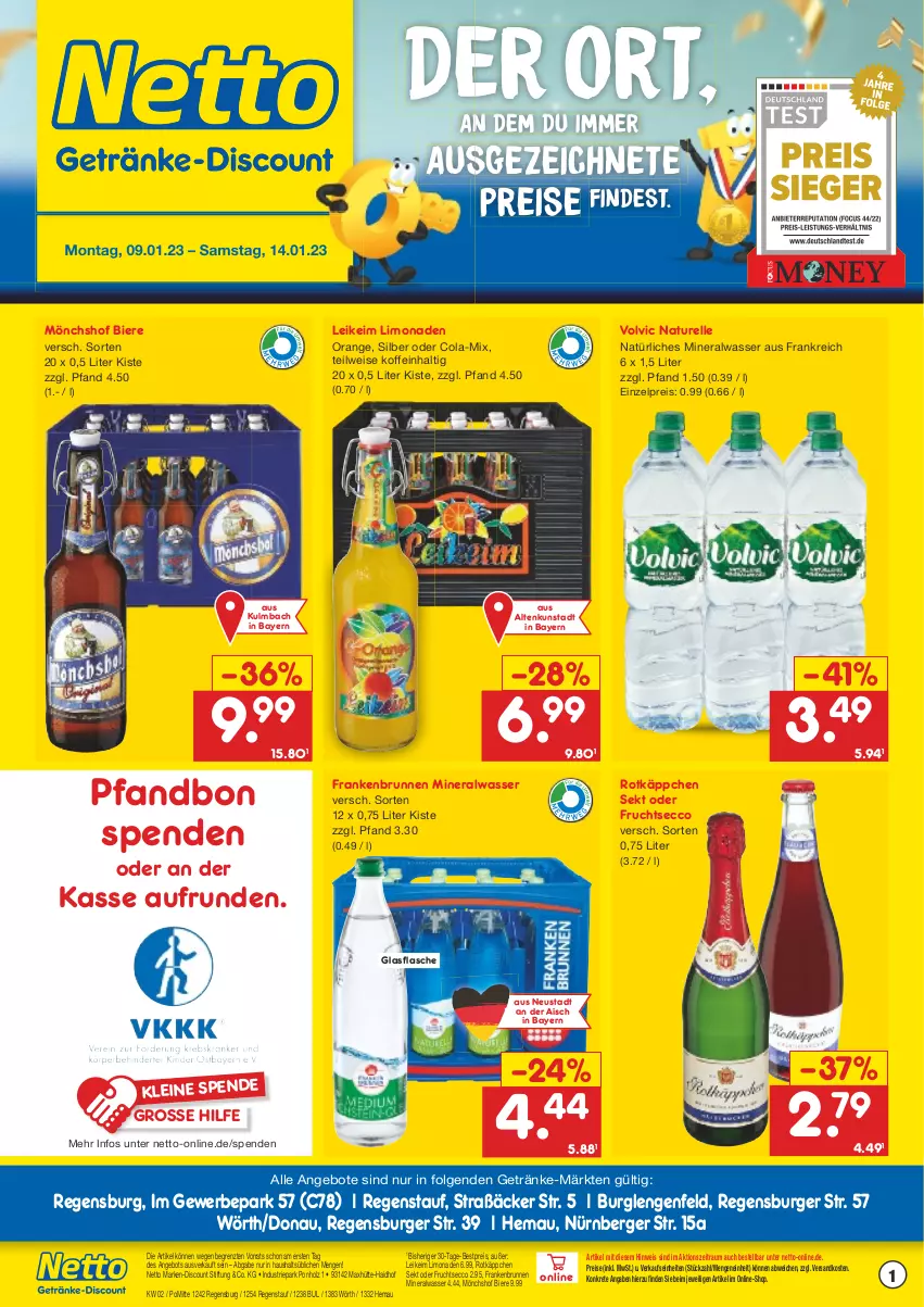 Aktueller Prospekt Netto Marken-Discount - Getränkemarkt in deiner Nähe - von 15.03.2021 bis 14.01.2023 - strona 1 - produkty: Alwa, angebot, angebote, Berger, bestpreis, bier, Biere, brunnen, burger, cola, discount, ecco, eis, elle, flasche, frucht, fruchtsecco, getränk, getränke, glasflasche, Holz, leine, LG, limo, limonade, limonaden, marken-discount, mineralwasser, mönchshof, natur, natürliches mineralwasser, ndk, nürnberger, orange, regensburger, reis, rel, rotkäppchen, sekt, Ti, volvic, wasser, ZTE