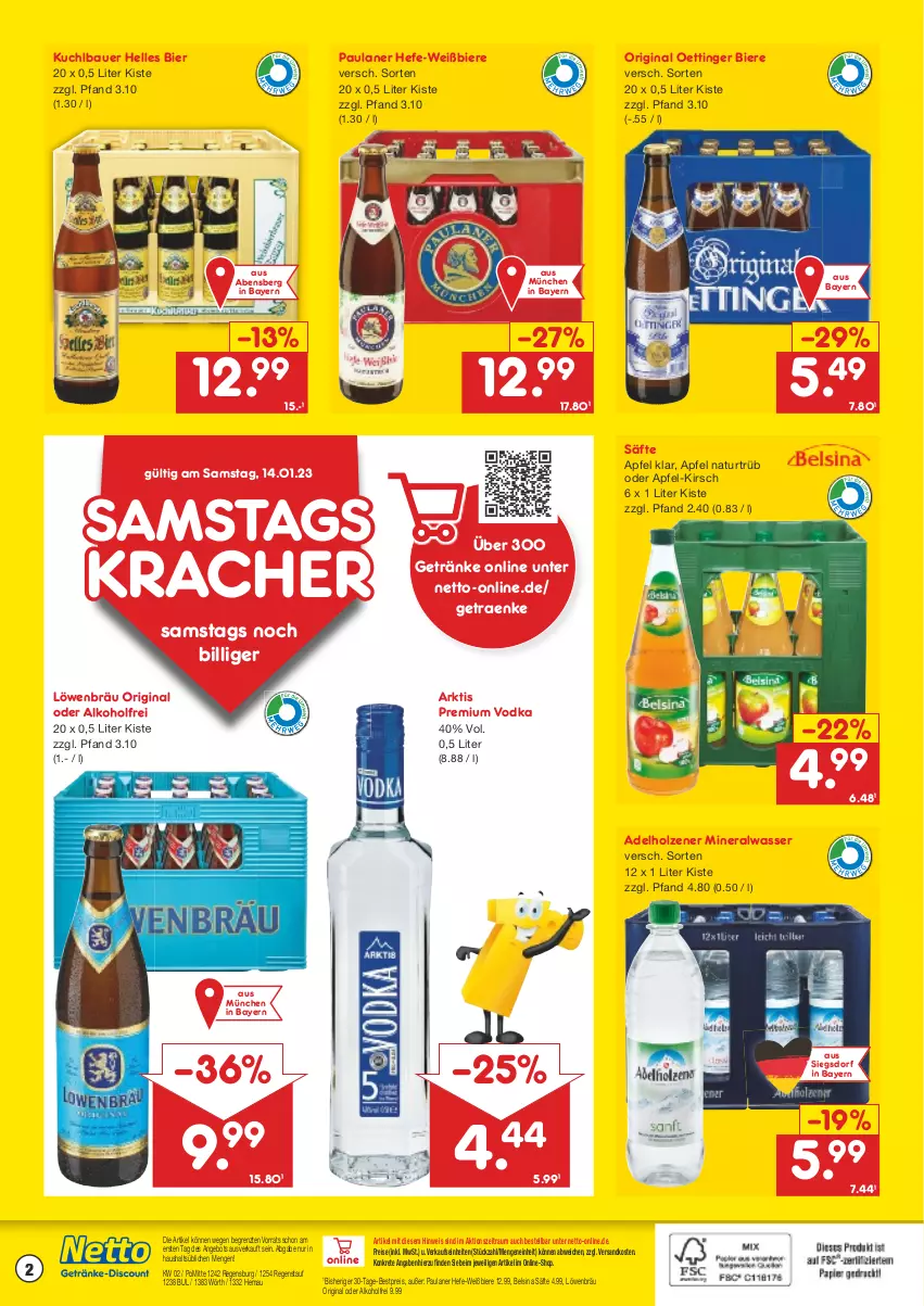 Aktueller Prospekt Netto Marken-Discount - Getränkemarkt in deiner Nähe - von 15.03.2021 bis 14.01.2023 - strona 2 - produkty: adelholzener, alkohol, Alwa, angebot, apfel, auer, Bau, Bauer, bestpreis, bier, Biere, eis, elle, getränk, getränke, gin, Hefe, Holz, kirsch, kracher, mineralwasser, natur, ndk, oettinger, Paula, paulaner, premium vodka, reis, säfte, Ti, vodka, wasser, ZTE