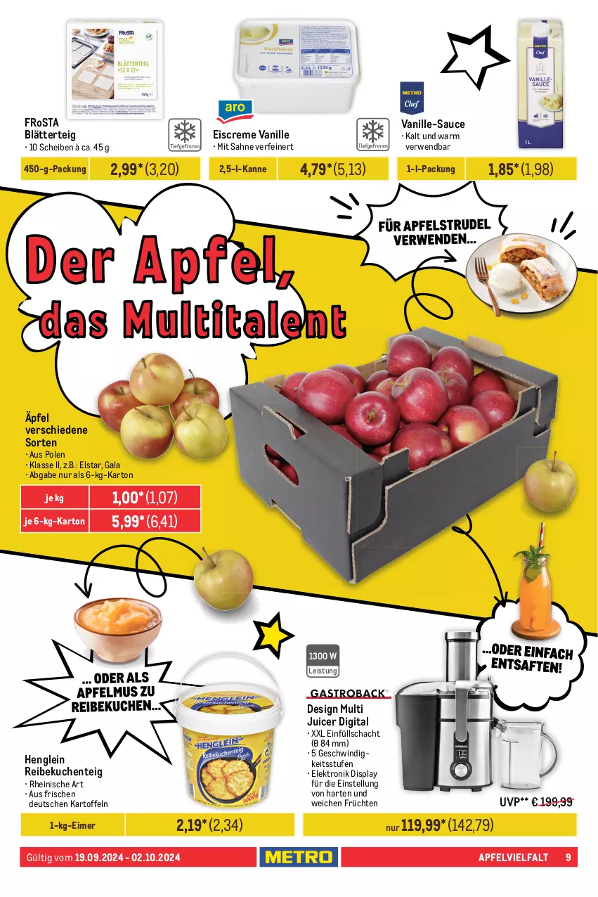 Aktueller Prospekt Metro - Food-NonFood - von 19.09 bis 02.10.2024 - strona 11 - produkty: angebot, angebote, apfel, beere, beeren, bio, blätterteig, broccoli, coupon, creme, decke, eimer, eis, eiscreme, Elektro, elle, Elvie, ente, erdbeere, erdbeeren, frosta, früchte, früchten, henglein, kartoffel, kartoffeln, kuchen, Kürbis, Metro, obst, reis, rwe, sahne, salat, salatherzen, sauce, Schal, Schale, Ti, Tiere, trauben, und gemüse, vanille