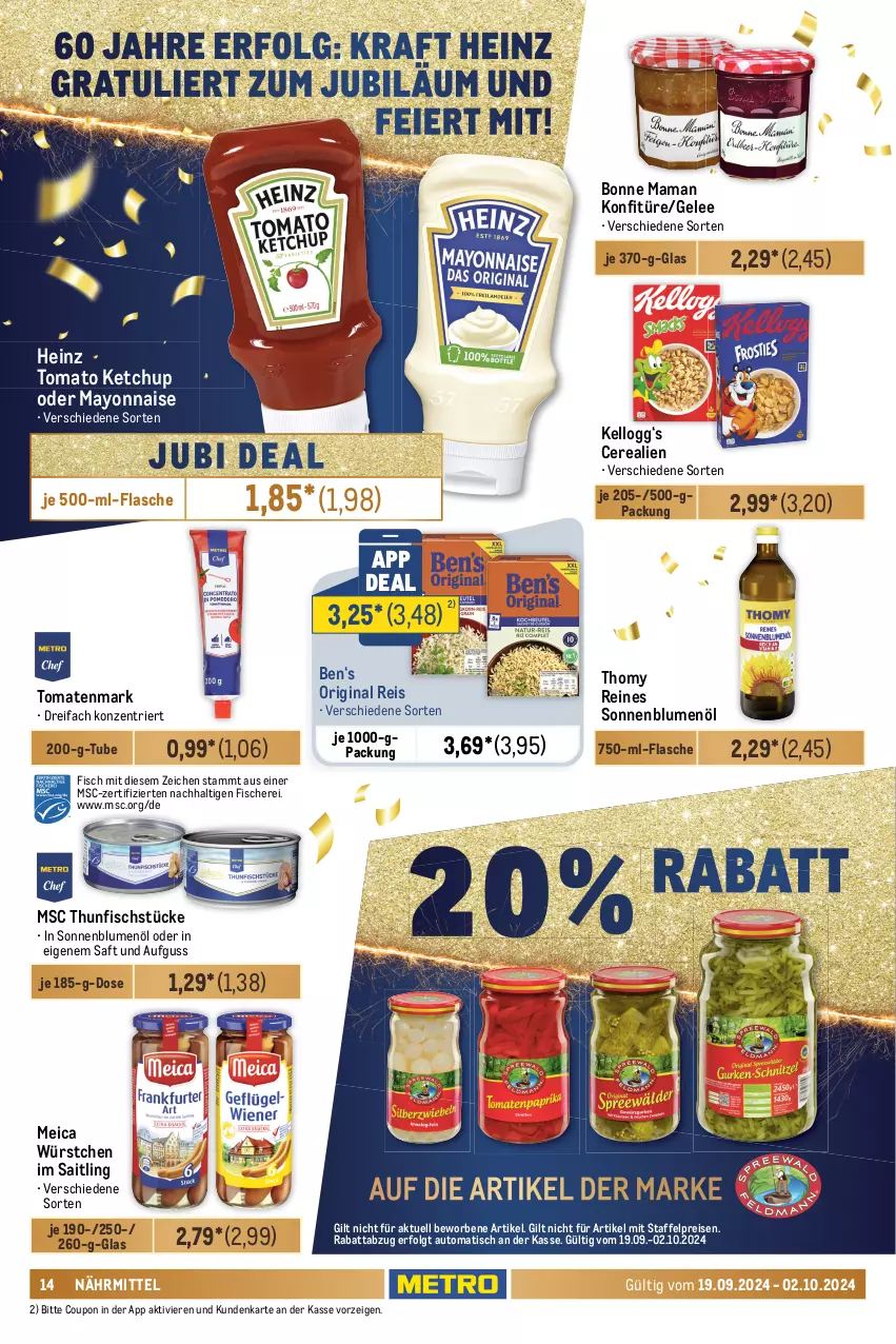 Aktueller Prospekt Metro - Food-NonFood - von 19.09 bis 02.10.2024 - strona 16 - produkty: auto, bella crema, beutel, blume, blumen, blumenöl, bohne, bonne maman, cerealien, classico, coupon, eduscho, eier, eis, espresso, filterkaffee, fisch, fische, Fischer, flasche, früchte, Früchtetee, gelee, getränk, getränke, gin, heinz, je 500-ml-flasche, käfer, kaffee, Kellogg‘s, ketchup, konfitüre, kraft, kräuter, lavazza, LG, mam, mayonnaise, meica, melitta, mövenpick, natur, nespresso, reis, röstkaffee, saft, Schere, Segafredo, sonnenblume, sonnenblumen, sonnenblumenöl, tee, teekanne, thomy, thunfisch, Ti, tisch, tomate, tomaten, tomatenmark, tomato ketchup, würstchen, Yo