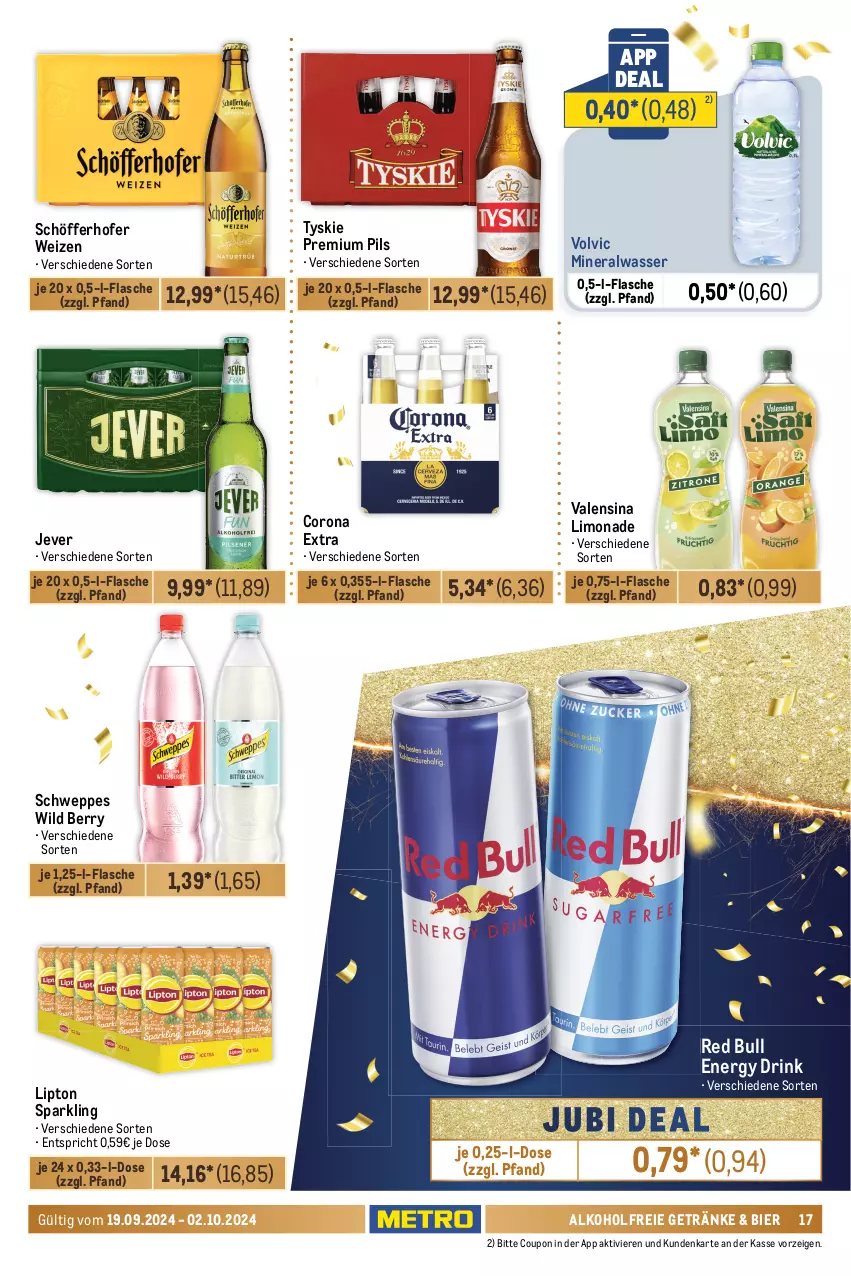 Aktueller Prospekt Metro - Food-NonFood - von 19.09 bis 02.10.2024 - strona 19 - produkty: alkohol, alkoholfreie getränke, Alwa, beutel, bier, corona, corona extra, coupon, Doritos, drink, energy drink, ferrero, Ferrero Rocher, flasche, getränk, getränke, jever, karamell, lachgummi, LG, limo, limonade, lipton, Metro, milka, mineralwasser, nimm2, pils, premium pils, pringles, red bull, riegel, ring, salz, schöfferhofer, schogetten, schweppes, Ti, tyskie, valensina, volvic, wasser, Wild, wild berry