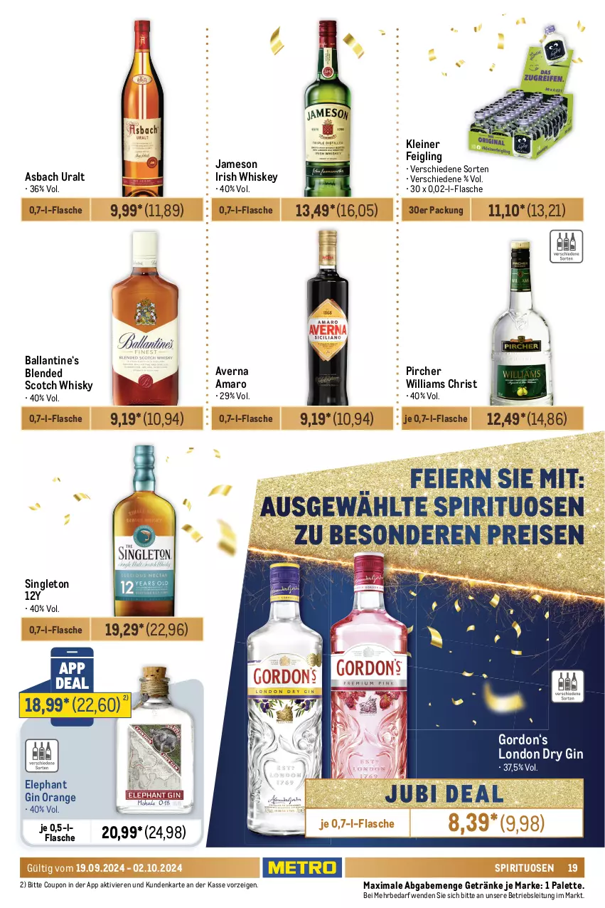 Aktueller Prospekt Metro - Food-NonFood - von 19.09 bis 02.10.2024 - strona 21 - produkty: amaro, asbach uralt, auto, averna, ball, beere, beeren, blended scotch, blended scotch whisky, brut, cabernet, cabernet sauvignon, Cap, champagne, champagner, chardonnay, coupon, de blancs, dell, doppio passo, dry gin, eier, eis, elle, ente, finesse, flasche, frizzante, frucht, früchte, früchten, getränk, getränke, gin, gordon, holunder, Holz, irish whiskey, jameson, kirsch, kirsche, kleiner feigling, La Gioiosa, leine, LG, limo, london dry, london dry gin, mandel, mandeln, natur, natura, nederburg, nivea, orange, Palette, paprika, passo, pfirsich, pircher, primitivo, reis, Ria, riesling, sauvignon, scotch, scotch whisky, sekt, spirituosen, Ti, tisch, vanille, wein, Weste, whiskey, whisky