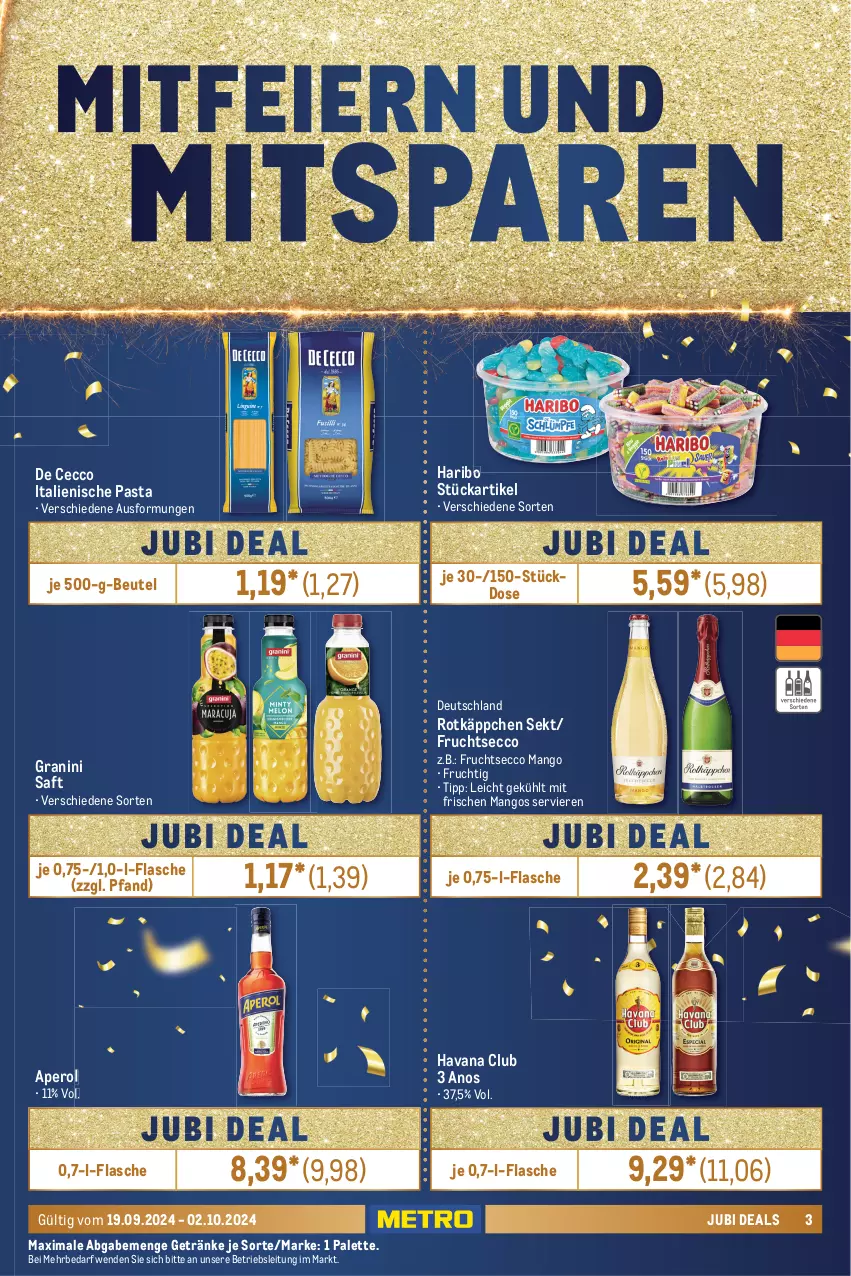 Aktueller Prospekt Metro - Food-NonFood - von 19.09 bis 02.10.2024 - strona 3 - produkty: aperol, Becher, beutel, De Cecco, ecco, filet, flasche, frucht, fruchtsecco, getränk, getränke, gewürz, granini, haribo, Havana Club, italienische pasta, lachs, lachsfilet, mac, mango, mangos, Metro, milch, natur, Palette, parmigiano, parmigiano reggiano, pasta, ponnath, reggiano, rind, rinder, Rinderrippen, Rippen, rotkäppchen, saft, sekt, Ti