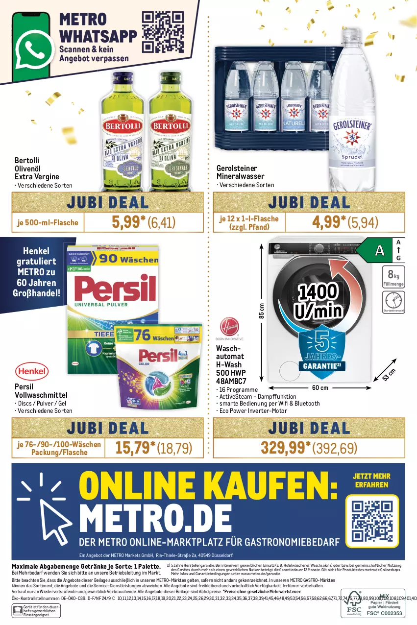 Aktueller Prospekt Metro - Food-NonFood - von 19.09 bis 02.10.2024 - strona 34 - produkty: abholpreise, Alwa, angebot, angebote, auer, auto, bertolli, eis, elle, flasche, gerolsteine, gerolsteiner, getränk, getränke, gin, henkel, ilag, je 500-ml-flasche, Metro, metro gastro, mineralwasser, olive, oliven, olivenöl, olivenöl extra, Palette, persil, Rauch, reis, rwe, Schere, steiner, teller, Ti, vollwaschmittel, waschmittel, wasser