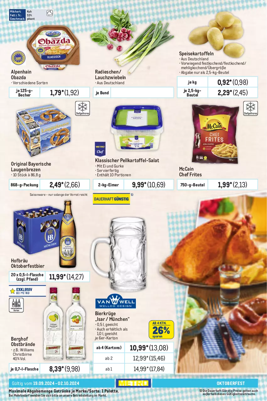 Aktueller Prospekt Metro - Food-NonFood - von 19.09 bis 02.10.2024 - strona 7 - produkty: Alpenhain, auer, Becher, beutel, bier, eimer, eis, flasche, getränk, getränke, gin, gurke, kartoffel, kartoffeln, Lauchzwiebel, lauchzwiebeln, mac, mccain, mehl, milch, obazda, obst, Palette, radieschen, reis, salat, speisekartoffeln, Ti, zwiebel, zwiebeln