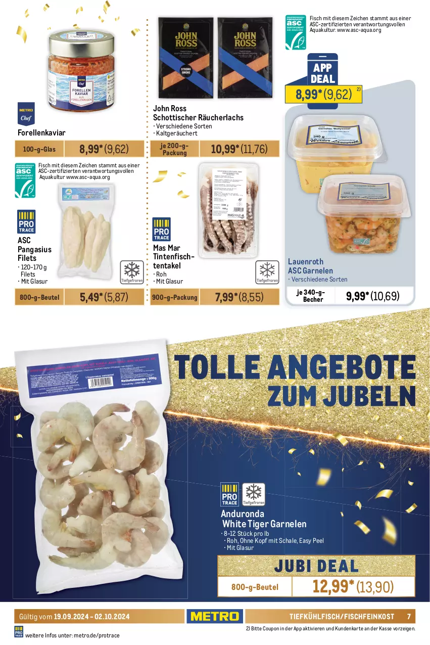 Aktueller Prospekt Metro - Food-NonFood - von 19.09 bis 02.10.2024 - strona 9 - produkty: Abtei, angebot, angebote, aqua, Becher, beutel, coupon, eis, elle, feinkost, filet, filets, fisch, fische, Fischer, Fischfeinkost, fleisch, forelle, frischfisch, garnelen, Heilbuttfilet, hipp, kabeljaufilet, küche, Küchen, lachs, lachsfilet, lack, Metro, Pangasius, Räucherlachs, reis, rel, Ria, Schal, Schale, Schere, schott, seelachsfilet, südwest, Ti, tisch, Wels, Wild