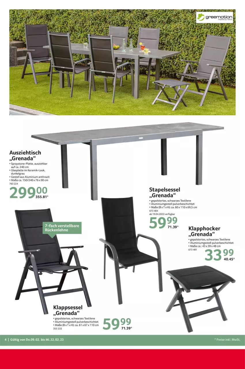 Aktueller Prospekt Selgros - Gartenmöbel - von 09.02 bis 22.02.2023 - strona 4 - produkty: aluminiumgestell, glasplatte, greemotion, hocker, klappsessel, latte, LG, natur, sessel, stapelsessel, Ti, tisch