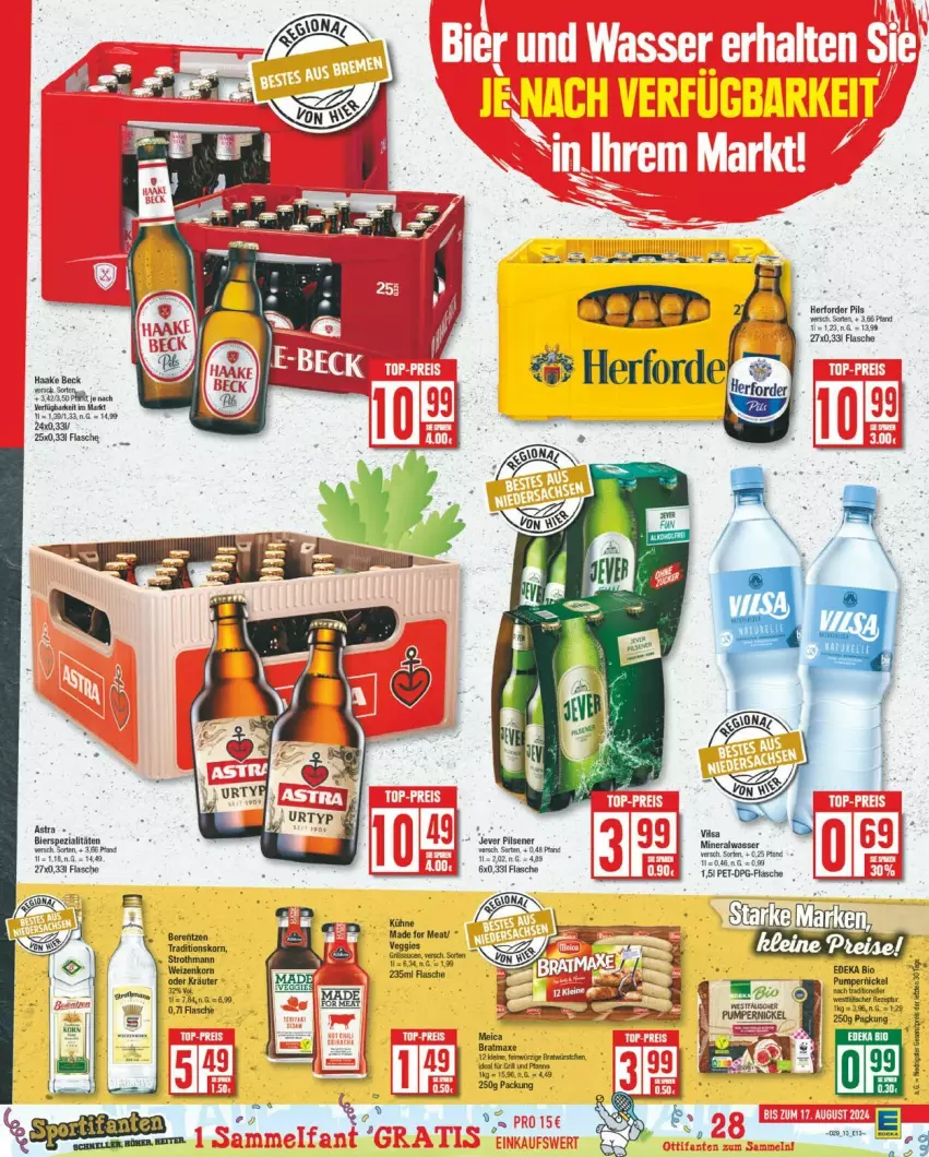 Aktueller Prospekt Edeka - Prospekte - von 15.07 bis 20.07.2024 - strona 13 - produkty: Alwa, Astra, axe, bio, bratmaxe, deka, edeka bio, fisch, fische, flasche, kräuter, Kühne, meica, mineralwasser, oder kräuter, pils, Pumpernickel, Ti, wasser