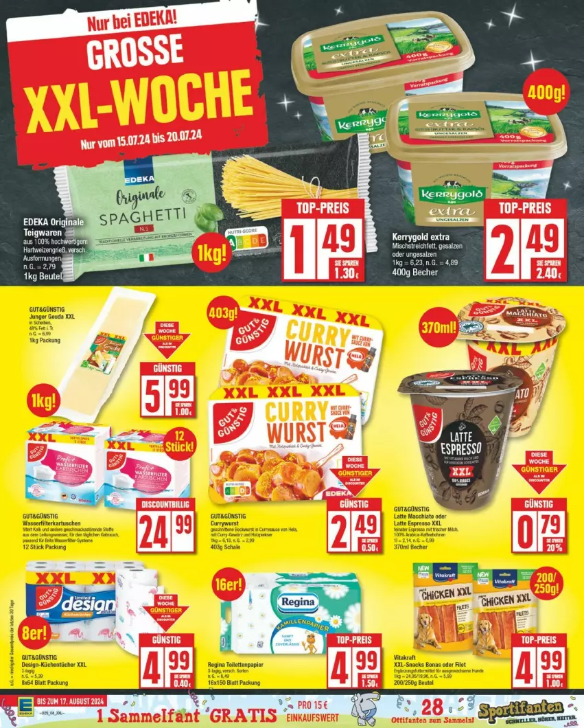 Aktueller Prospekt Edeka - Prospekte - von 15.07 bis 20.07.2024 - strona 8 - produkty: ACC, beutel, Bona, chia, curry, currywurst, deka, espresso, filet, filterkartuschen, gin, gouda, gsw, Hela, kraft, küche, Küchen, küchentücher, latte, latte macchiato, LG, mac, macchiato, papier, Rauch, sauce, schnitten, snack, snacks, teigwaren, Ti, tücher, vita, vitakraft, wasser, wasserfilter, wurst