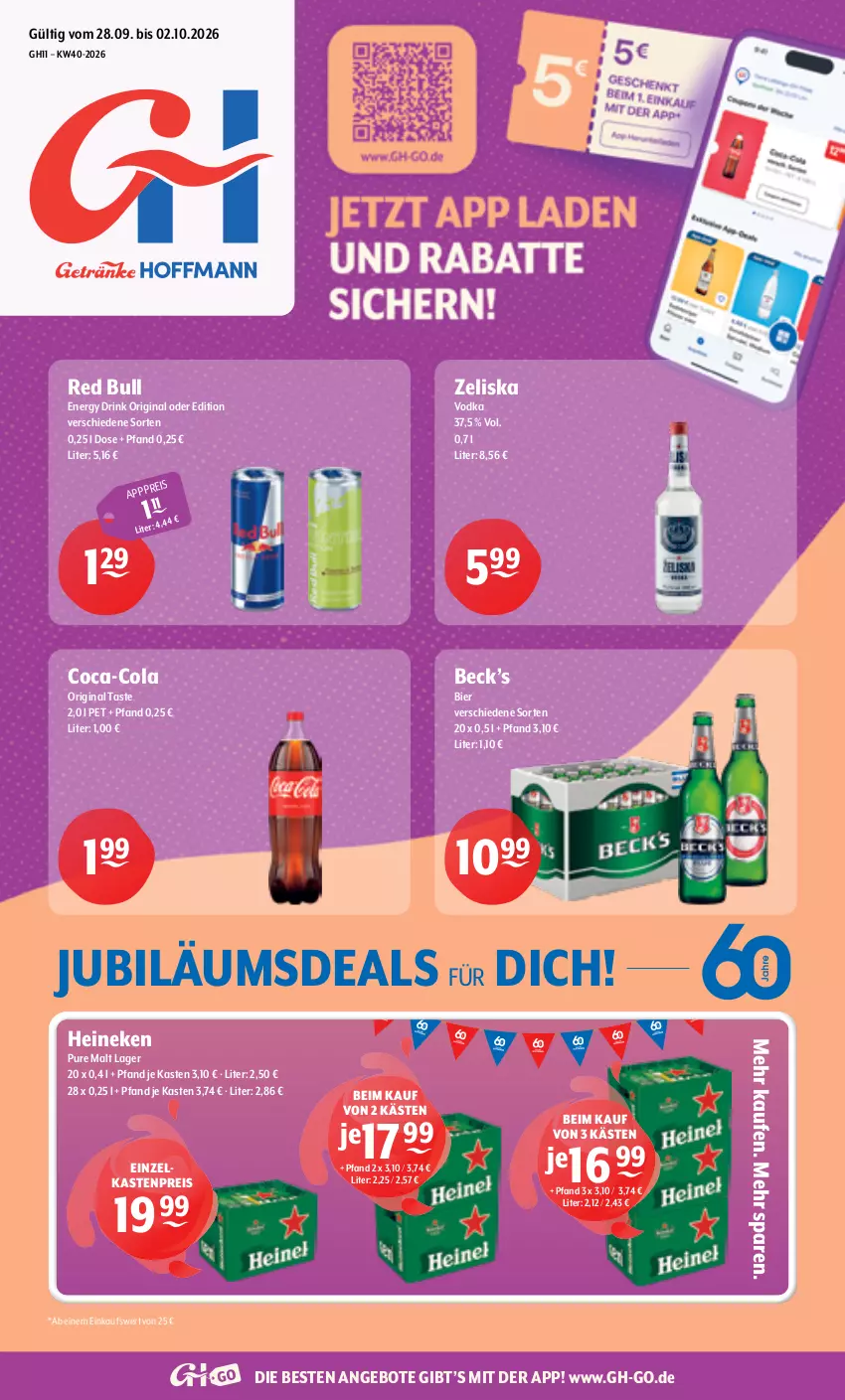 Aktueller Prospekt Getraenke Hoffmann - Prospekte - von 28.09 bis 02.10.2026 - strona 1 - produkty: angebot, angebote, bier, coca-cola, cola, drink, eis, energy drink, gin, heineken, Jubiläums, red bull, reis, Ti, vodka