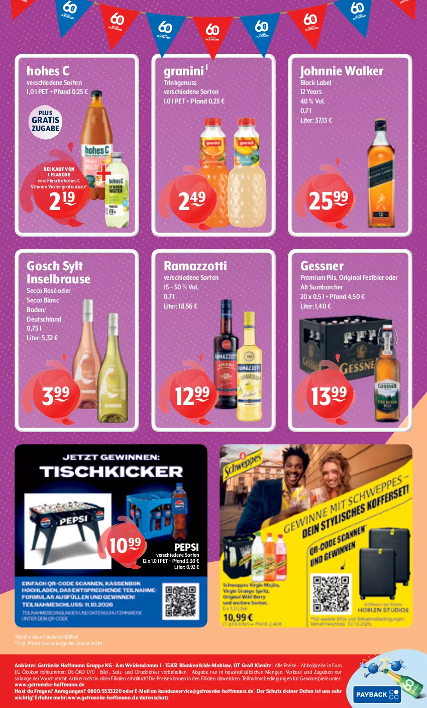 Aktueller Prospekt Getraenke Hoffmann - Prospekte - von 28.09 bis 02.10.2026 - strona 8 - produkty: abholpreise, Bad, bier, black label, brause, ecco, eis, flasche, Gessner, getränk, getränke, gewinnspiel, gin, granini, Hohes C, johnnie walker, lack, nuss, pepsi, pils, premium pils, rama, ramazzott, ramazzotti, reis, Spiele, Ti, vita, zott