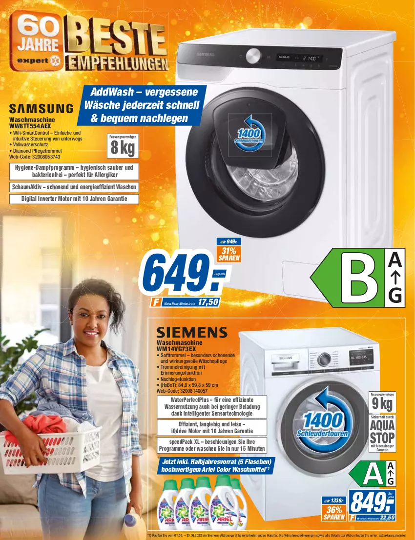 Aktueller Prospekt Expert Singen - Prospekte - von 11.05 bis 17.05.2022 - strona 22 - produkty: addwash, ariel, eis, ente, flasche, gefu, Intel, Reinigung, reis, ring, rwe, schauma, siemens, spee, Ti, trommel, waschmaschine, waschmittel, wasser