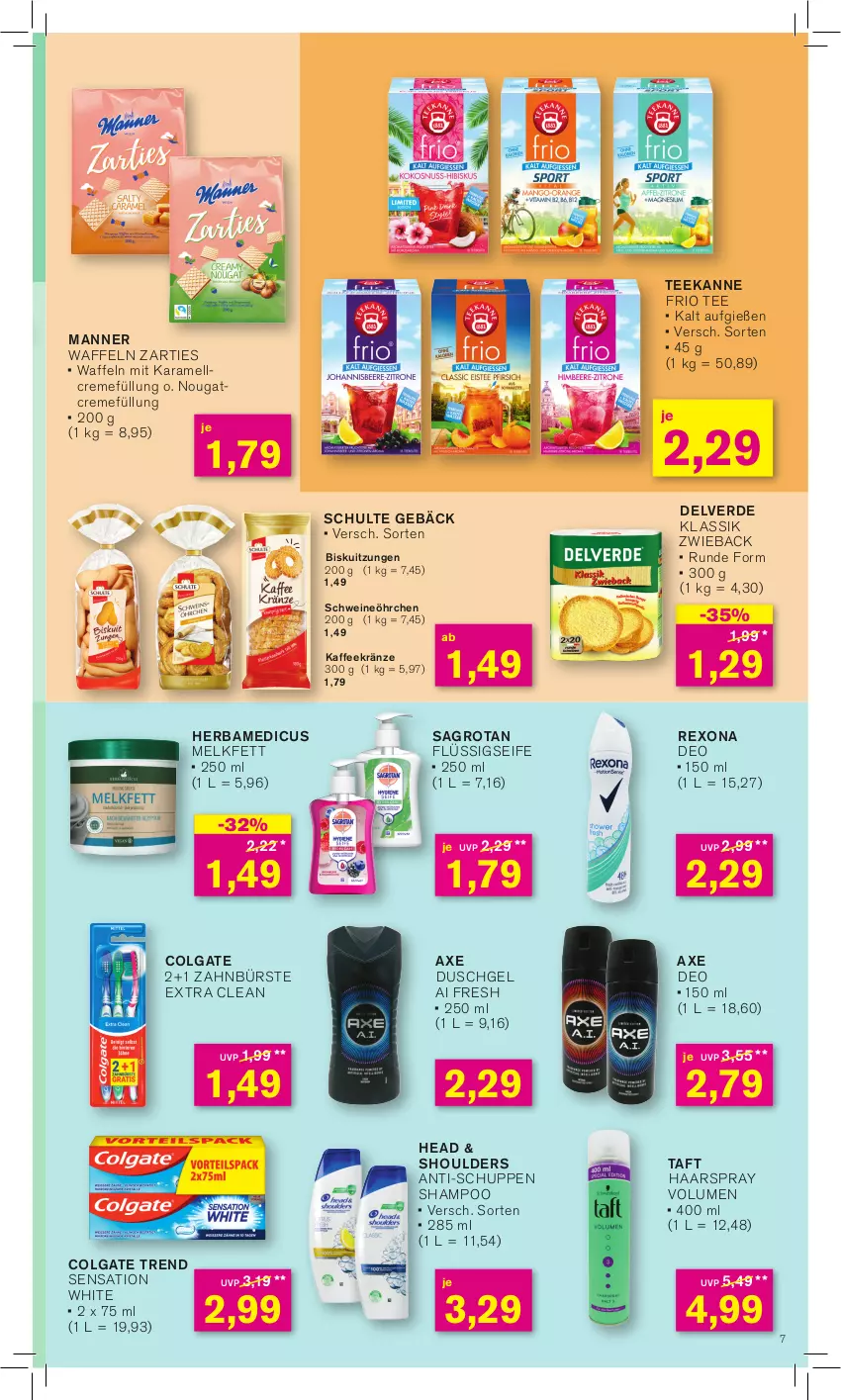 Aktueller Prospekt Kodi - Prospekte - von 13.05 bis 19.05.2024 - strona 7 - produkty: axe, axe duschgel, bürste, colgate, creme, deo, duschgel, erde, flüssigseife, haarspray, kaffee, karamell, LG, Manner, Nougatcreme, rexona, sagrotan, schwein, schweine, Seife, shampoo, Taft, tee, teekanne, Ti, waffeln, wein, weine, zahnbürste