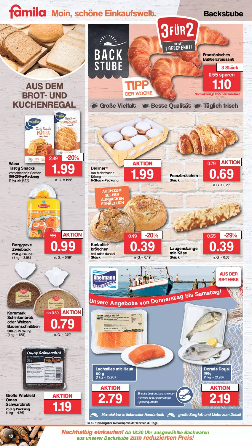 Aktueller Prospekt Famila - Prospekte - von 19.12 bis 24.12.2022 - strona 12 - produkty: auer, backwaren, Bau, Bauer, berliner, beutel, brot, brötchen, butter, Croissant, Dorade, dorade royal, eis, Faktu, filet, frucht, kartoffel, Käse, korn, kuchen, lachs, lachsfilet, Laugenstange, regal, reis, schinken, schnitten, Schwarzbrot, snack, snacks, spitzenqualität, stube, Ti, uhr, wasa, ZTE