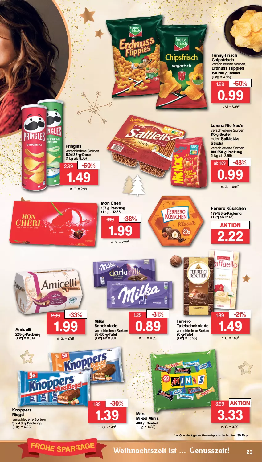 Aktueller Prospekt Famila - Prospekte - von 19.12 bis 24.12.2022 - strona 23 - produkty: amicelli, beutel, chips, chipsfrisch, eis, erdnuss, ferrero, Ferrero Küsschen, flippies, funny-frisch, knoppers, lorenz, mars, milka, milka schokolade, nuss, pringles, reis, riegel, ring, saltletts, schoko, schokolade, tafelschokolade, Ti, ZTE