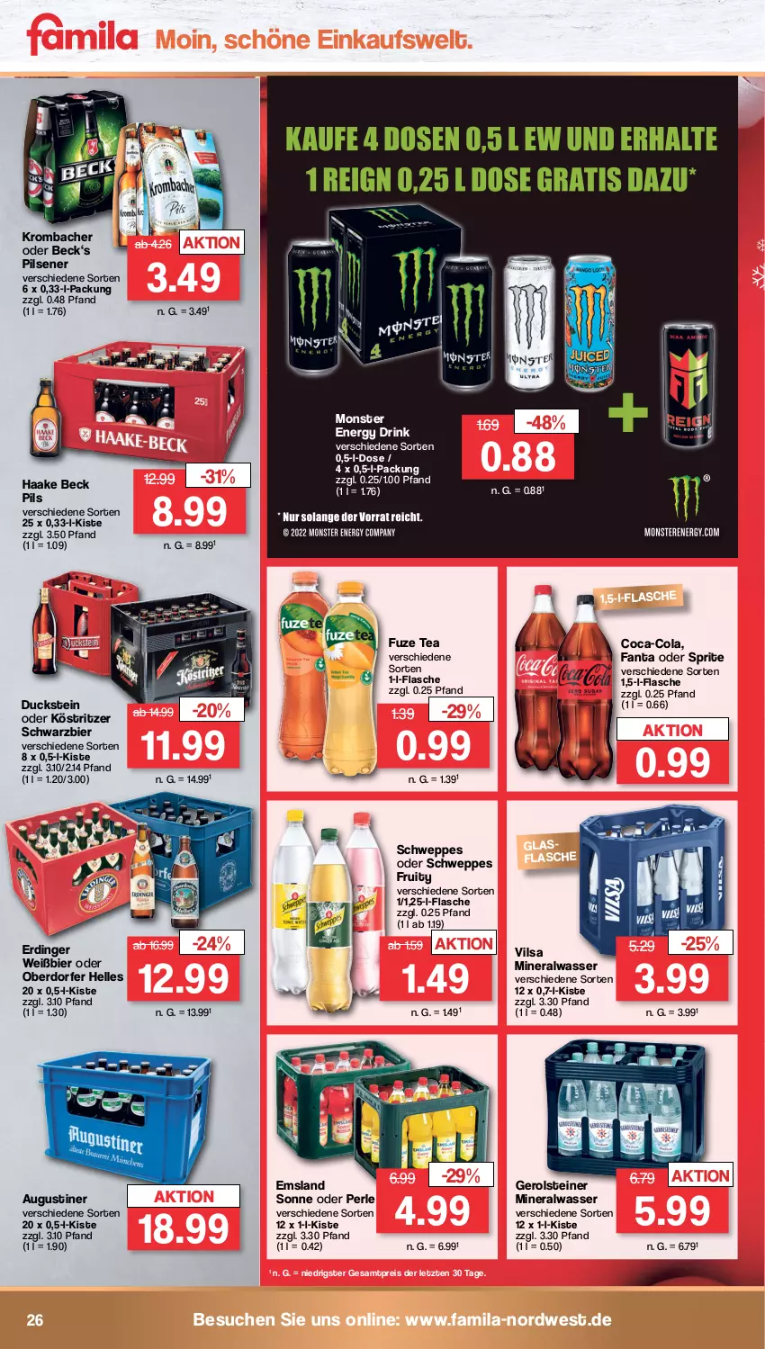 Aktueller Prospekt Famila - Prospekte - von 19.12 bis 24.12.2022 - strona 26 - produkty: Alwa, bier, coca-cola, cola, drink, Duck, eis, elle, energy drink, erdinger, fanta, fanta oder, fanta oder sprite, flasche, fuze tea, gerolsteine, gerolsteiner, glasflasche, köstritzer, krombache, krombacher, mineralwasser, monster, Monster Energy, oder sprite, pils, pilsener, reis, schweppes, sprite, steiner, Ti, vilsa, wasser, ZTE