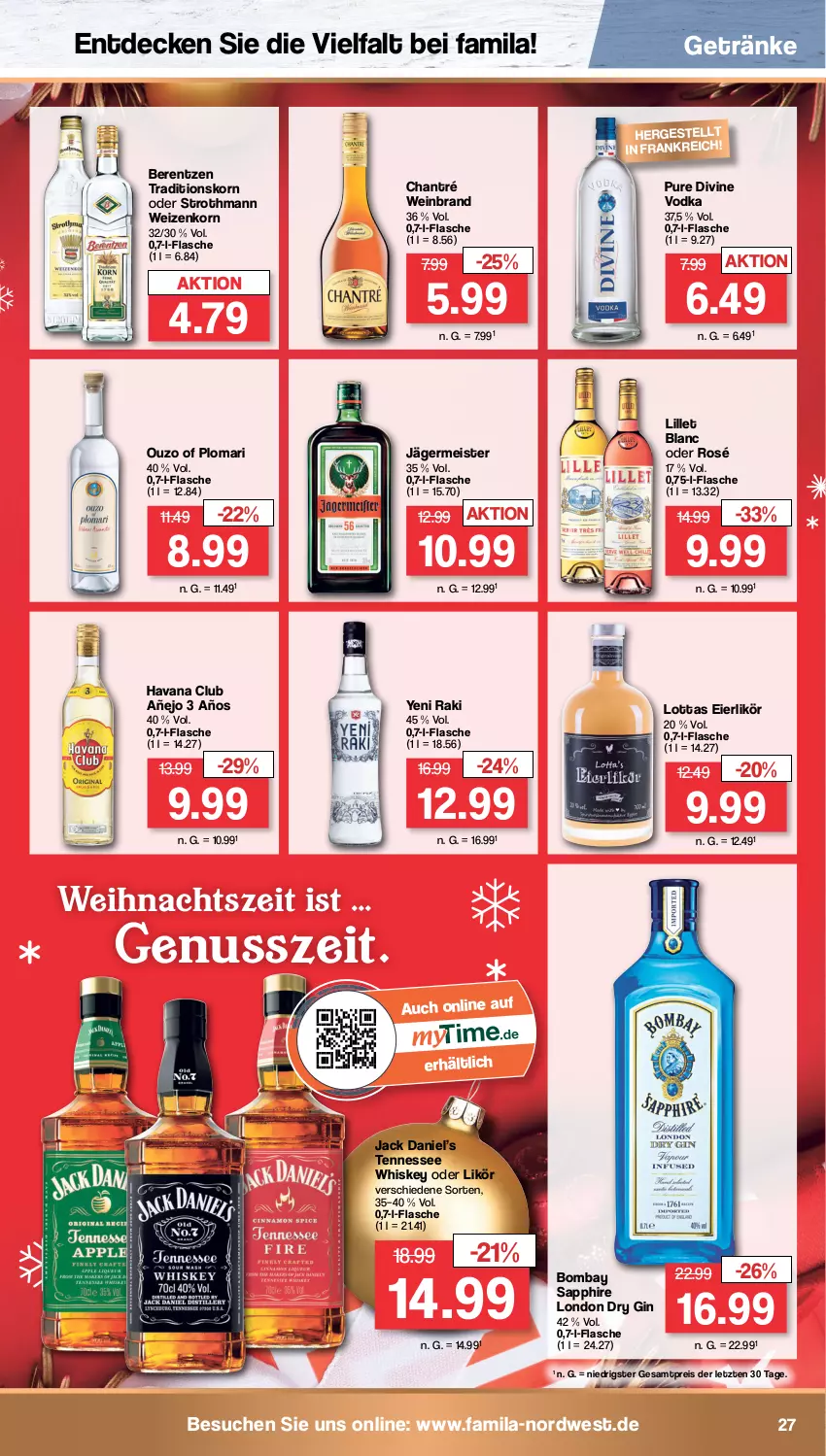 Aktueller Prospekt Famila - Prospekte - von 19.12 bis 24.12.2022 - strona 27 - produkty: berentzen, bombay sapphire, chantré, decke, dry gin, eier, eierlikör, eis, flasche, Germ, getränk, getränke, gin, Havana Club, jack daniel, Jack Daniel’s, jägermeister, korn, likör, lillet, london dry, london dry gin, Meister, nuss, ouzo, reis, sapphire, tennessee whiskey, Ti, vodka, wein, weinbrand, weizenkorn, whiskey, yeni raki, ZTE