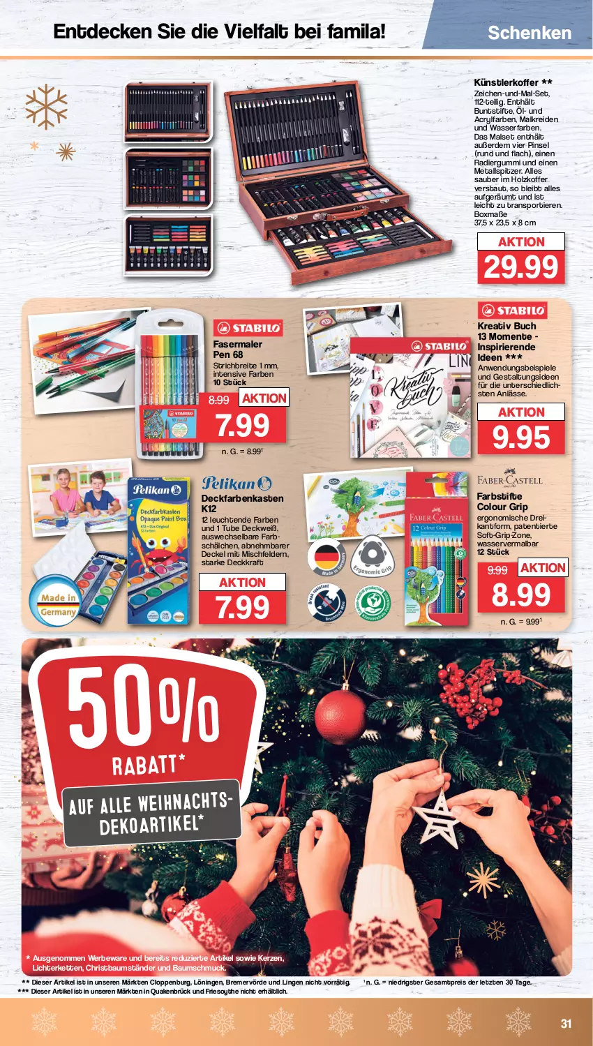 Aktueller Prospekt Famila - Prospekte - von 19.12 bis 24.12.2022 - strona 31 - produkty: Bau, Baumschmuck, Brei, buch, buntstifte, decke, Deckel, eis, ente, erde, farbstifte, fasermaler, Holz, kerze, Kette, koffer, kraft, Kreide, Leuchte, leuchten, lichterkette, Pinsel, Radiergummi, reis, Schmuck, Spiele, Sport, stifte, Ti, Tiere, wasser, ZTE